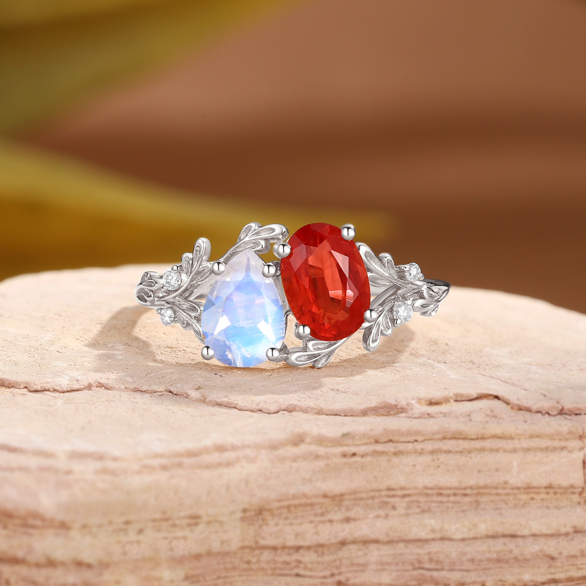 Isolde - Toi Et Moi Moonstone & Sunstone Leaf Two Stone Engagement Ring