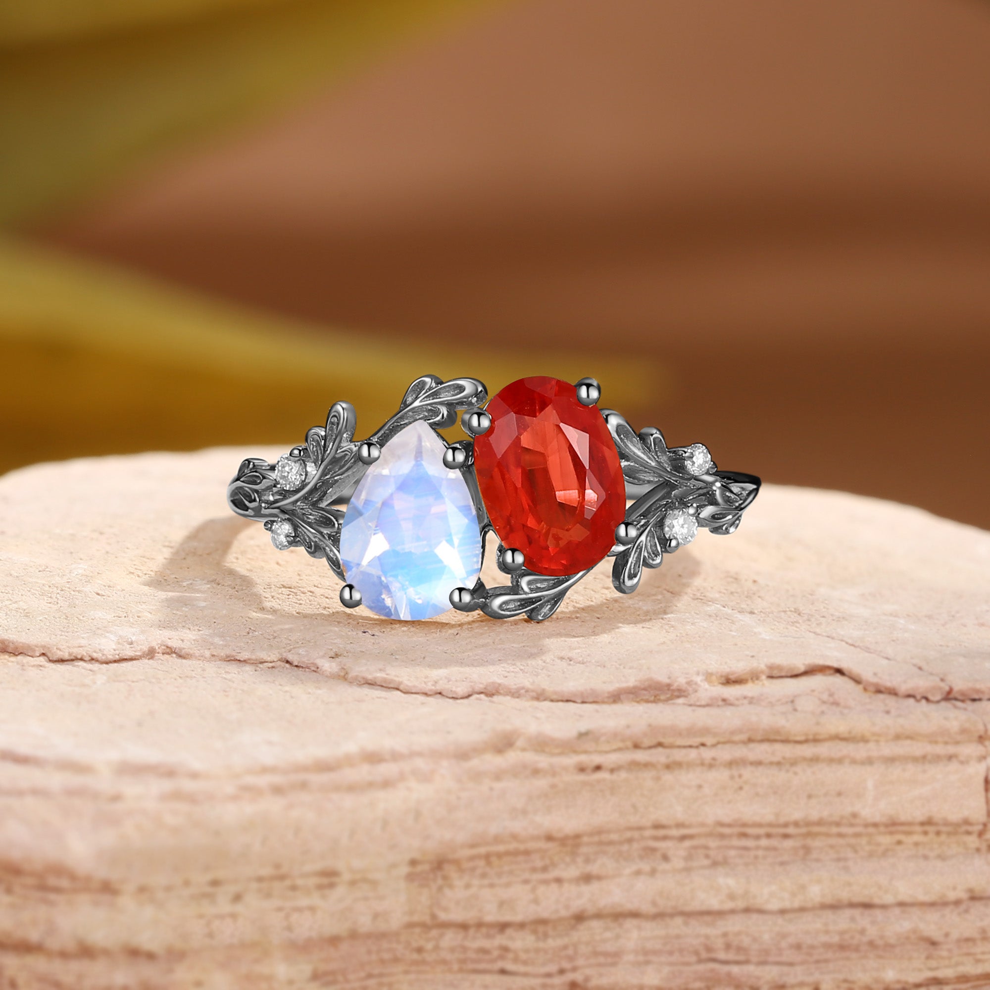 Isolde - Toi Et Moi Moonstone & Sunstone Leaf Two Stone Engagement Ring