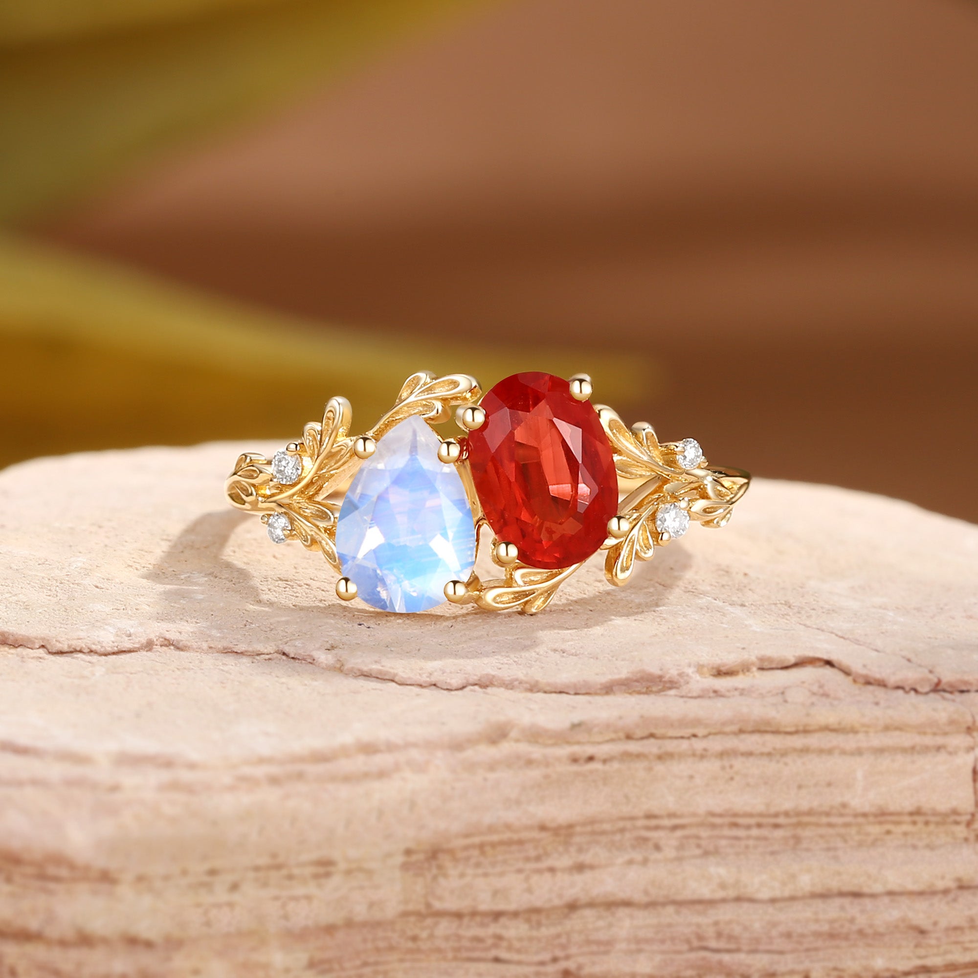 Isolde - Toi Et Moi Moonstone & Sunstone Leaf Two Stone Engagement Ring