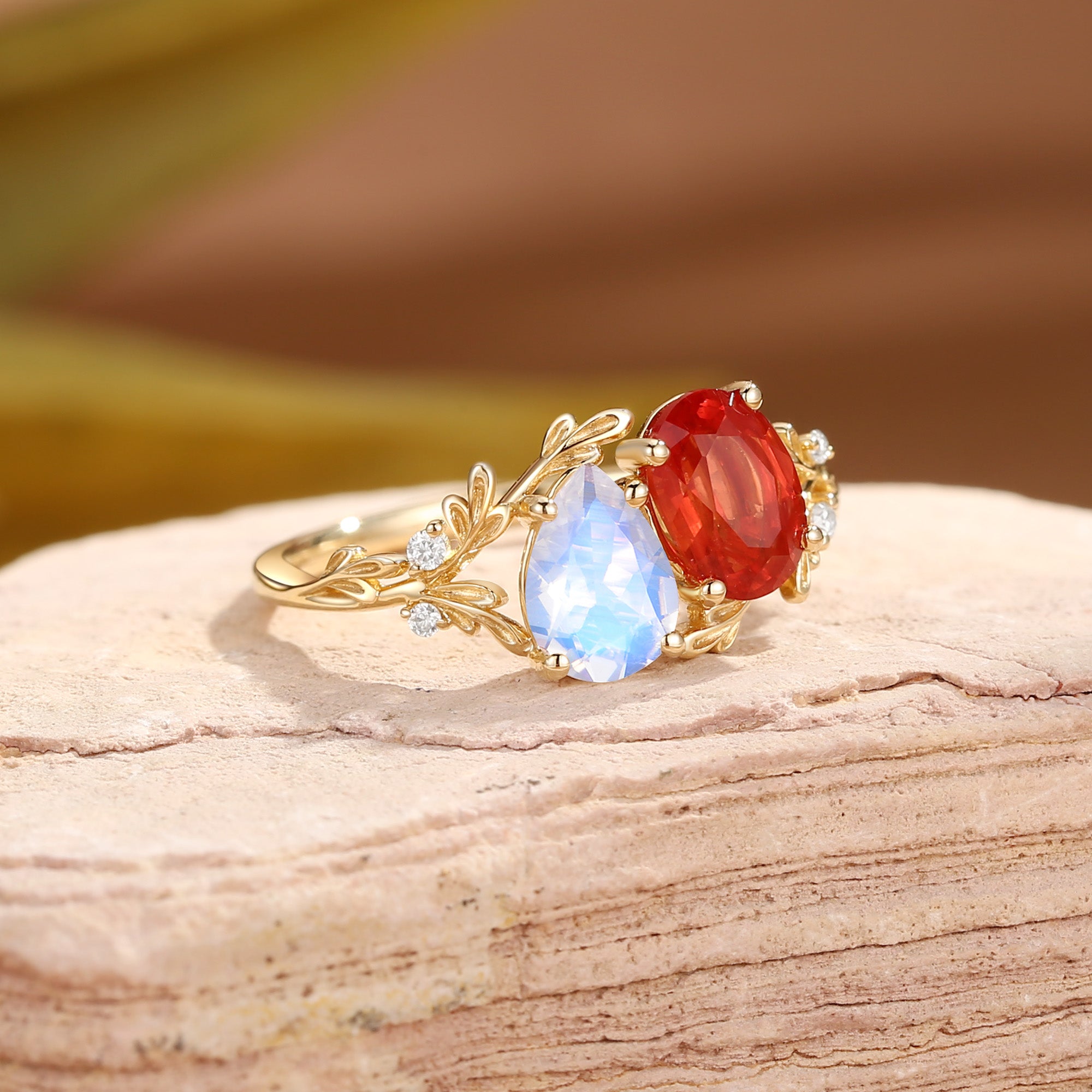 Isolde - Toi Et Moi Moonstone & Sunstone Leaf Two Stone Engagement Ring