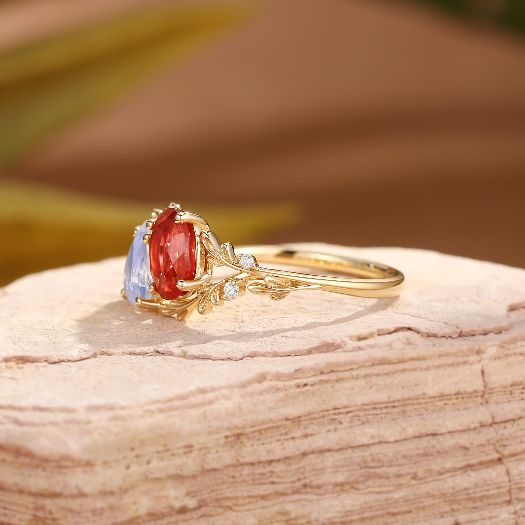 Isolde - Toi Et Moi Moonstone & Sunstone Leaf Two Stone Engagement Ring