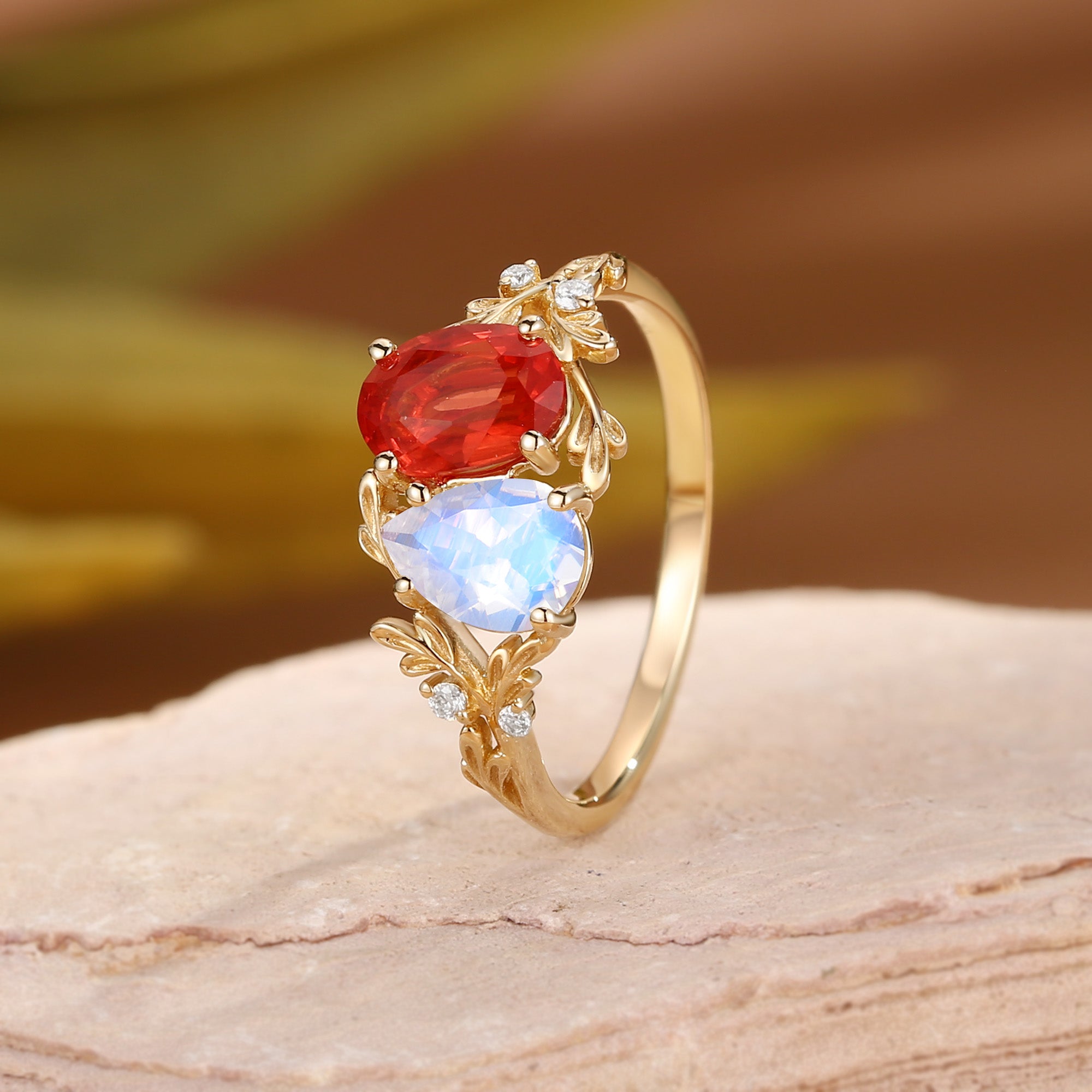 Isolde - Toi Et Moi Moonstone & Sunstone Leaf Two Stone Engagement Ring