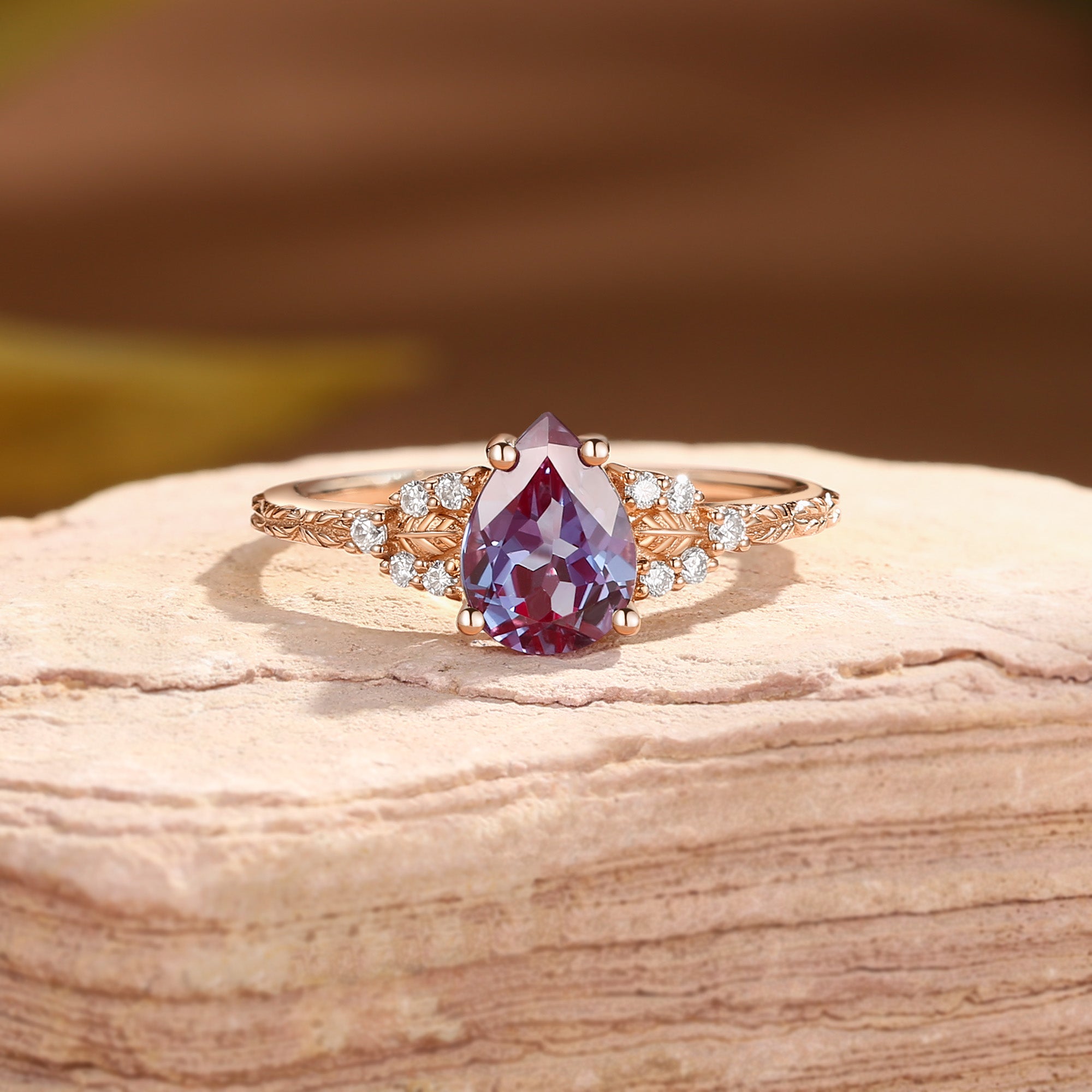 Hortense -  Leaf Nature Inspired Pear Cut Lab Alexandrite Engagement Ring