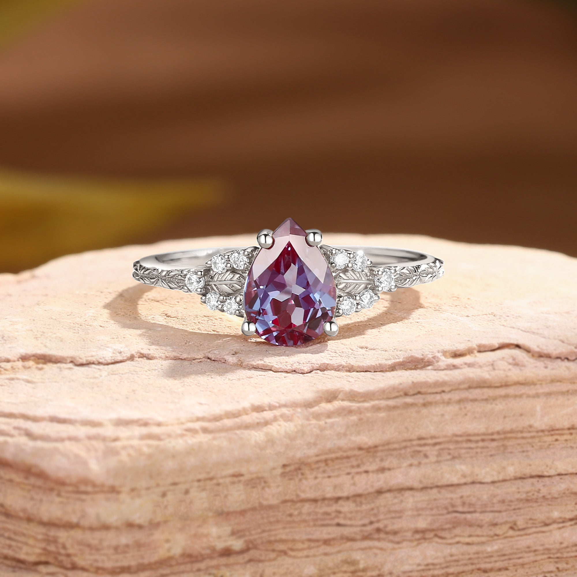 Hortense -  Leaf Nature Inspired Pear Cut Lab Alexandrite Engagement Ring