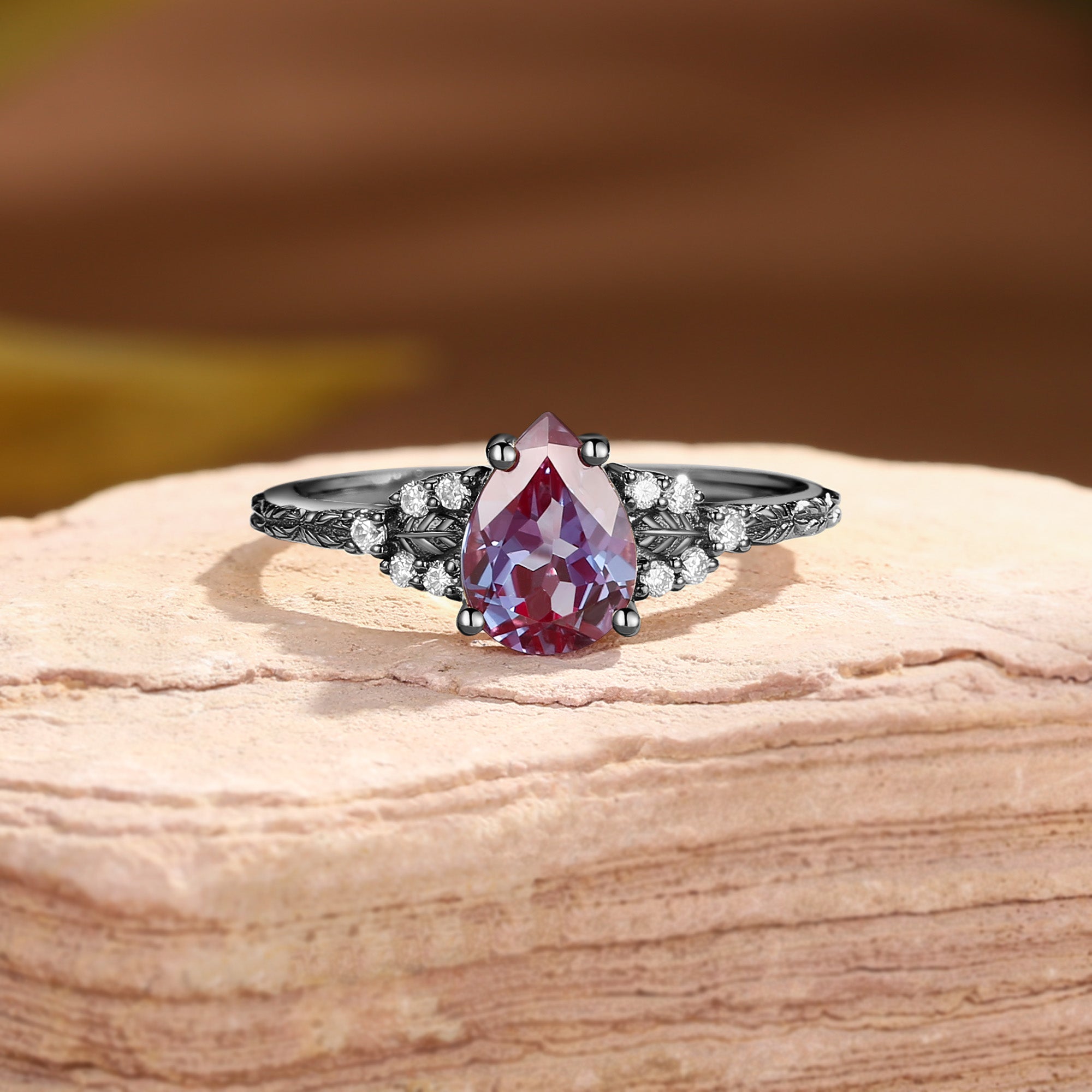 Hortense -  Leaf Nature Inspired Pear Cut Lab Alexandrite Engagement Ring