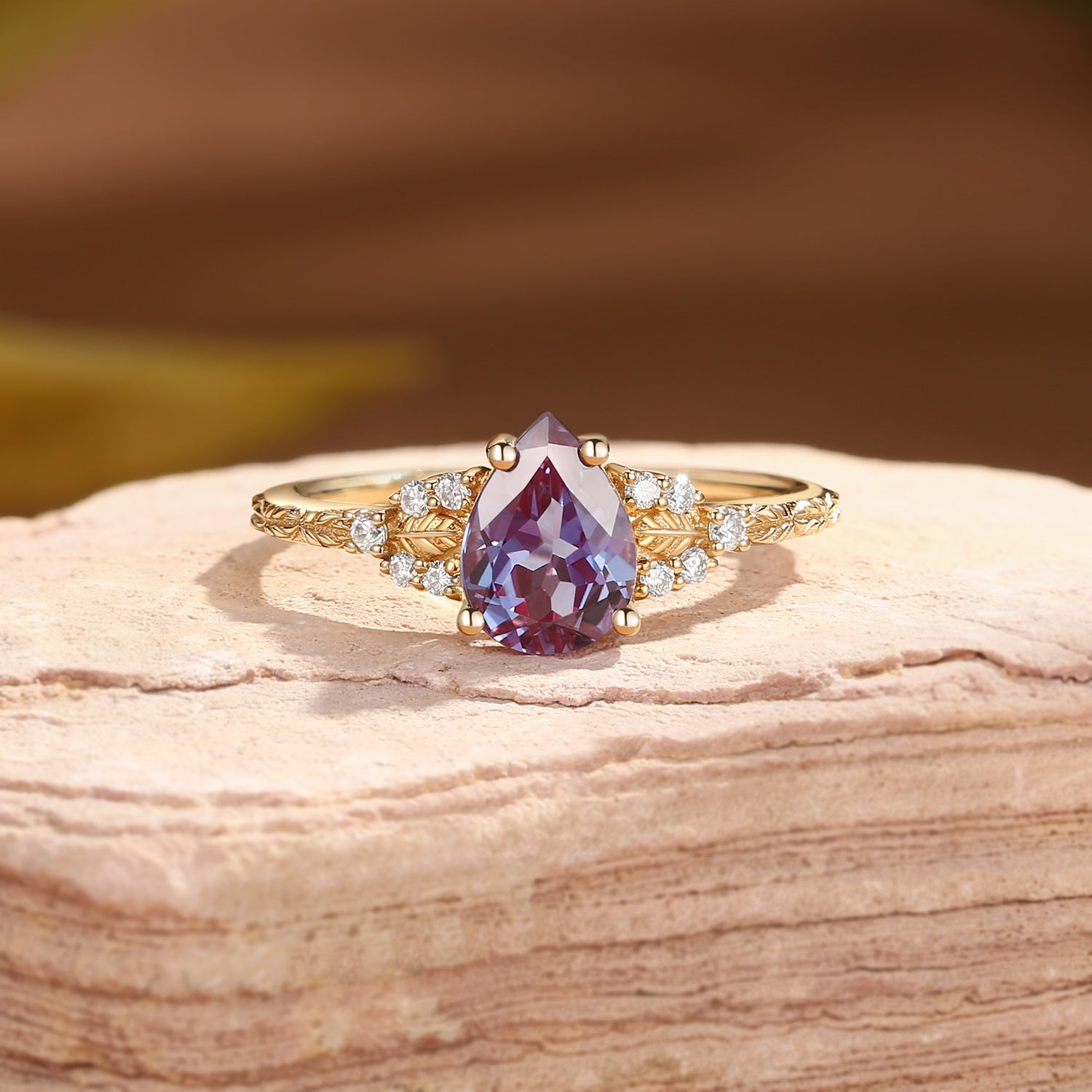 Hortense -  Leaf Nature Inspired Pear Cut Lab Alexandrite Engagement Ring