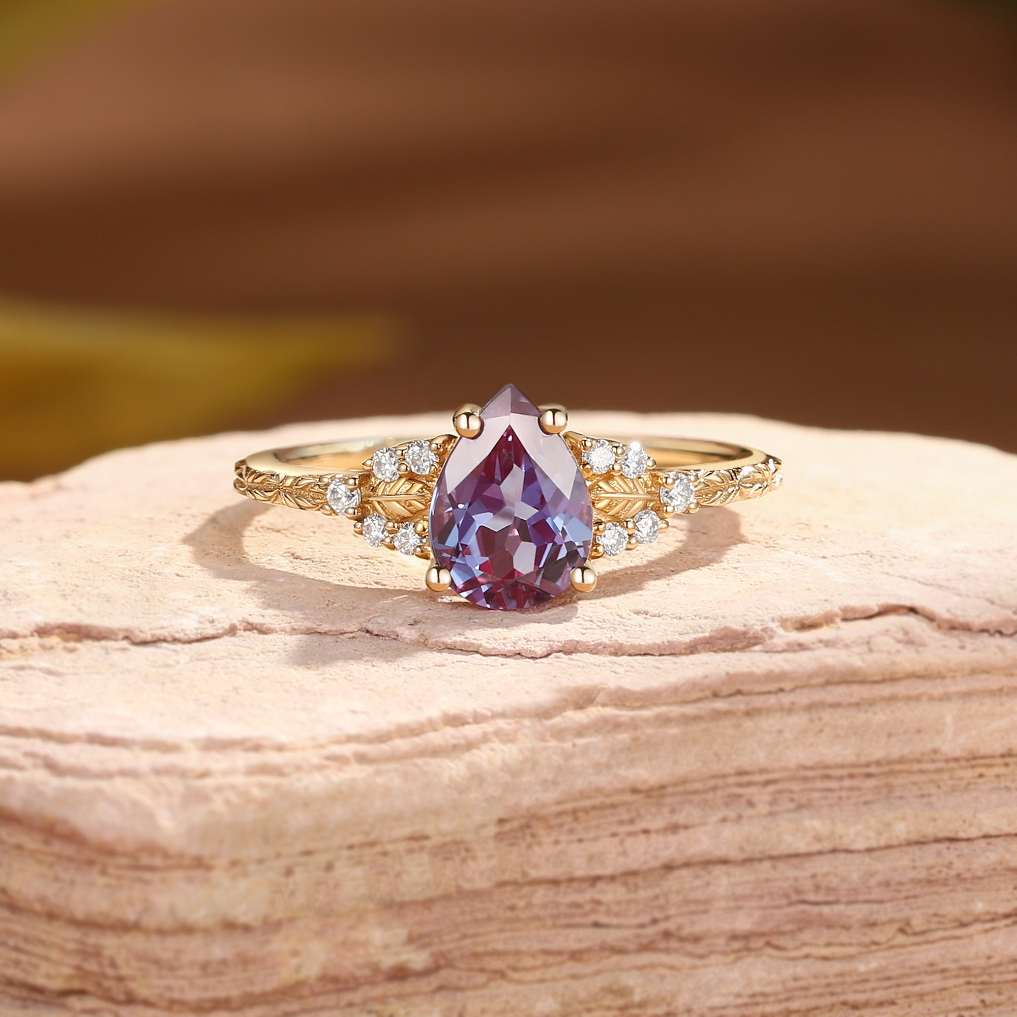 Hortense -  Leaf Nature Inspired Pear Cut Lab Alexandrite Engagement Ring
