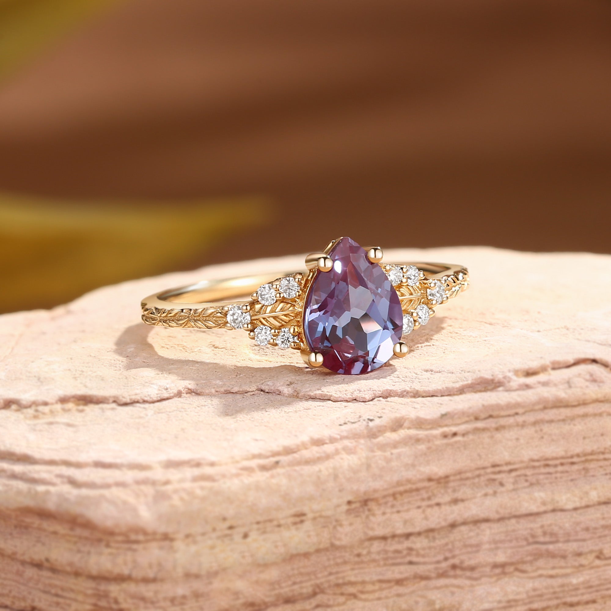 Hortense -  Leaf Nature Inspired Pear Cut Lab Alexandrite Engagement Ring