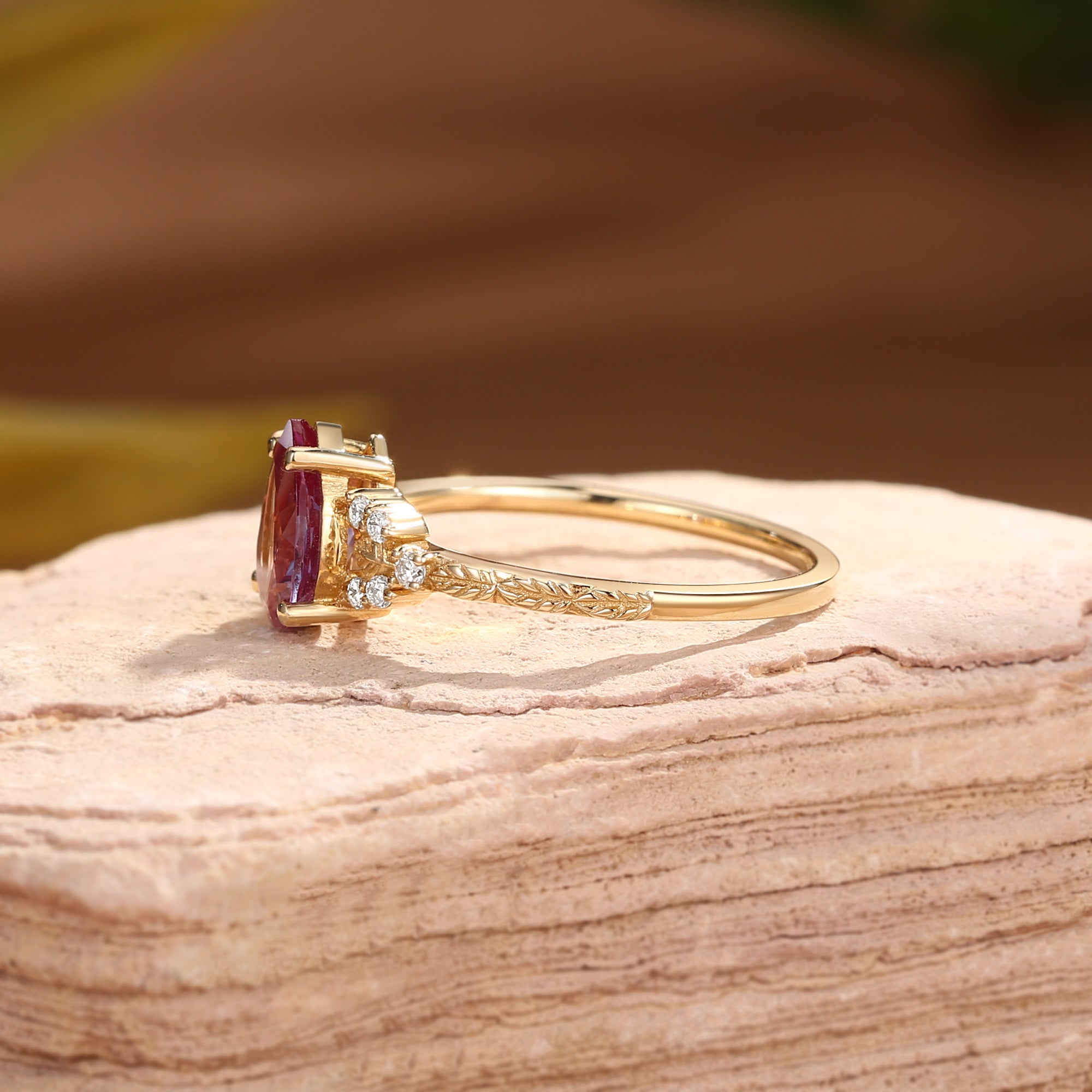 Hortense -  Leaf Nature Inspired Pear Cut Lab Alexandrite Engagement Ring