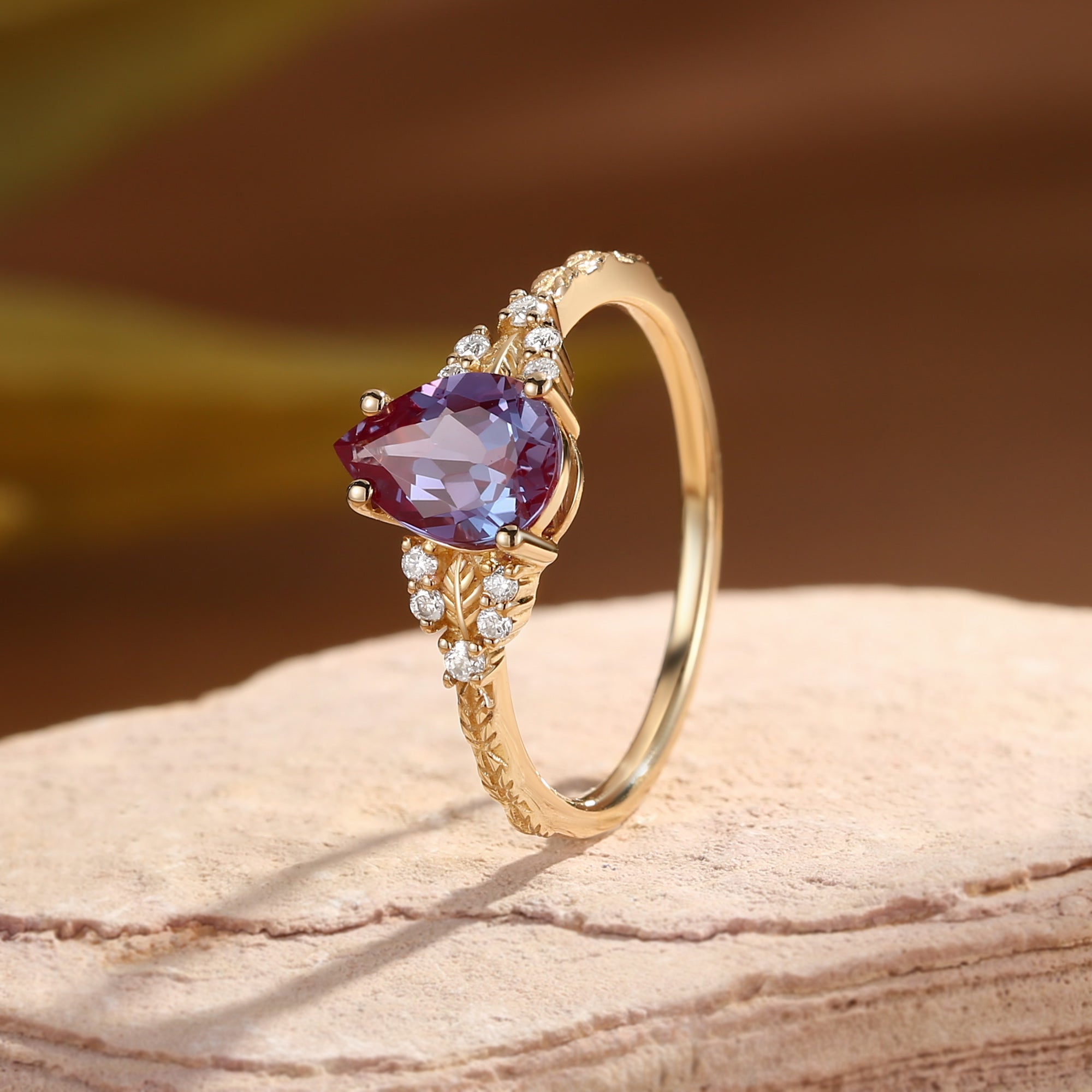 Hortense -  Leaf Nature Inspired Pear Cut Lab Alexandrite Engagement Ring
