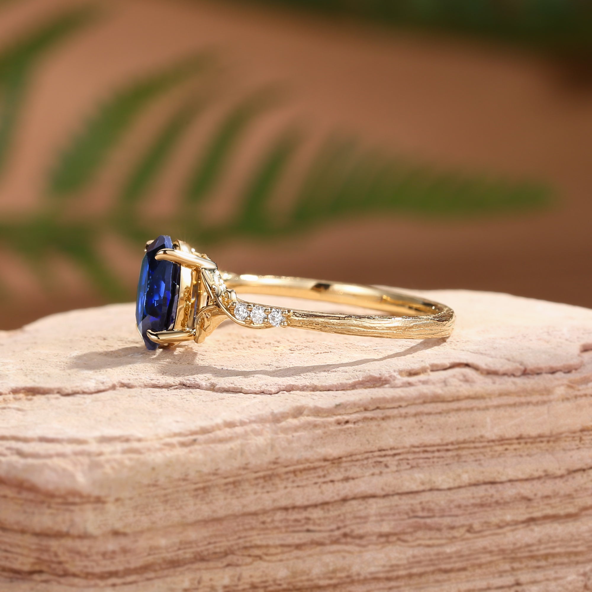Drisana - Black Gold Oval Cut Sapphire Leaf Curved Engagement Ring