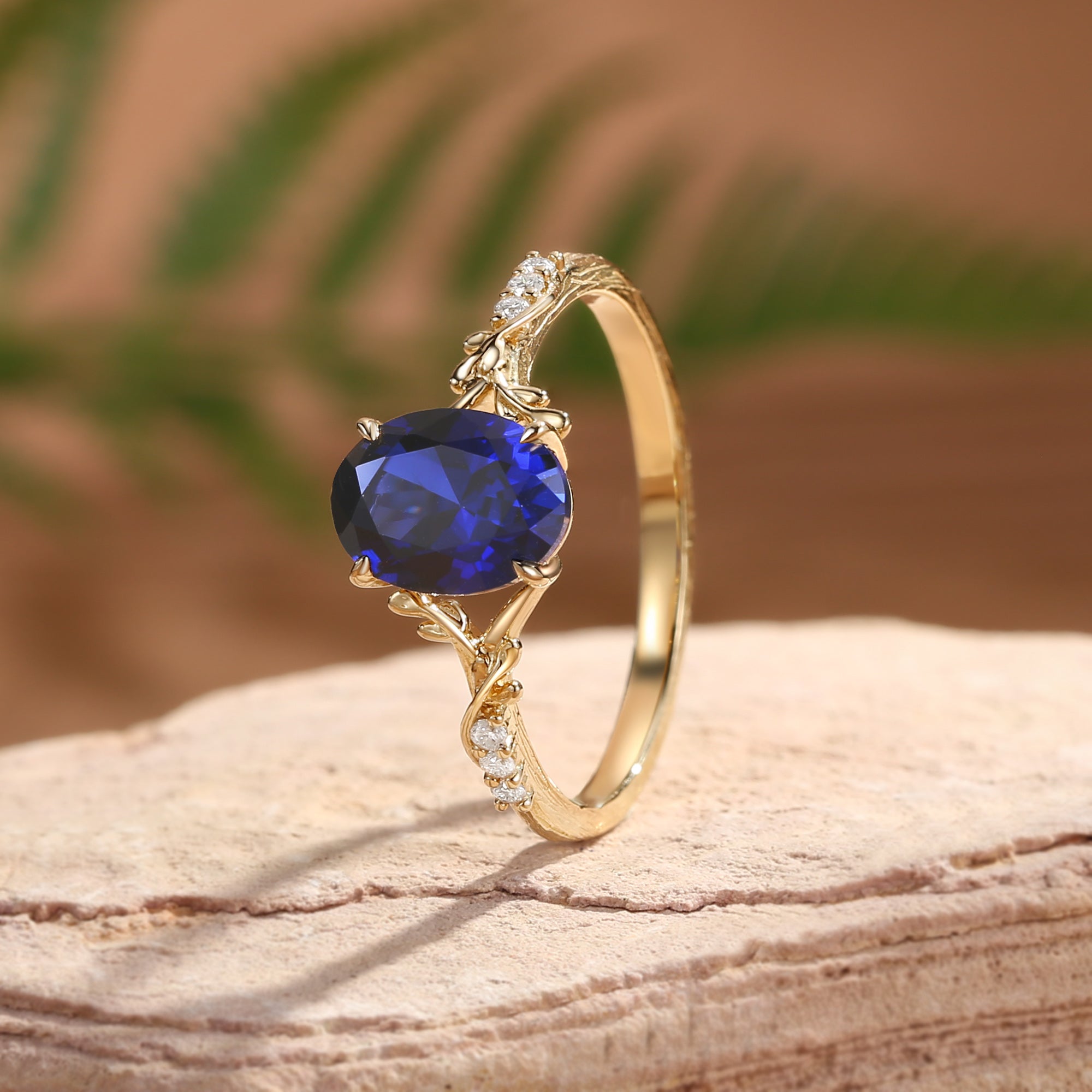Drisana - Black Gold Oval Cut Sapphire Leaf Curved Engagement Ring
