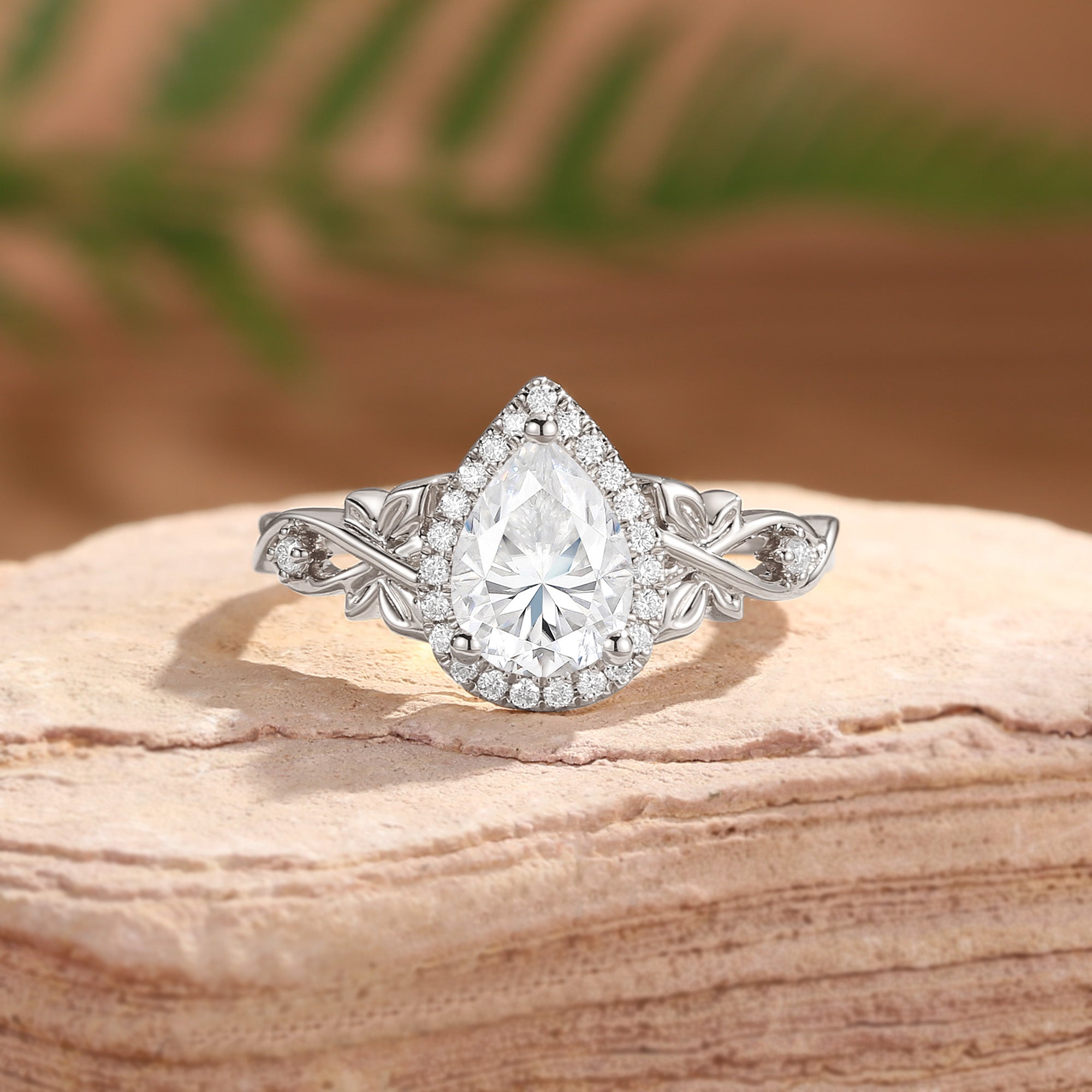 Albertine - Halo Vintage Pear Cut Moissanite Butterfly Nature Inspired  Engagement Ring
