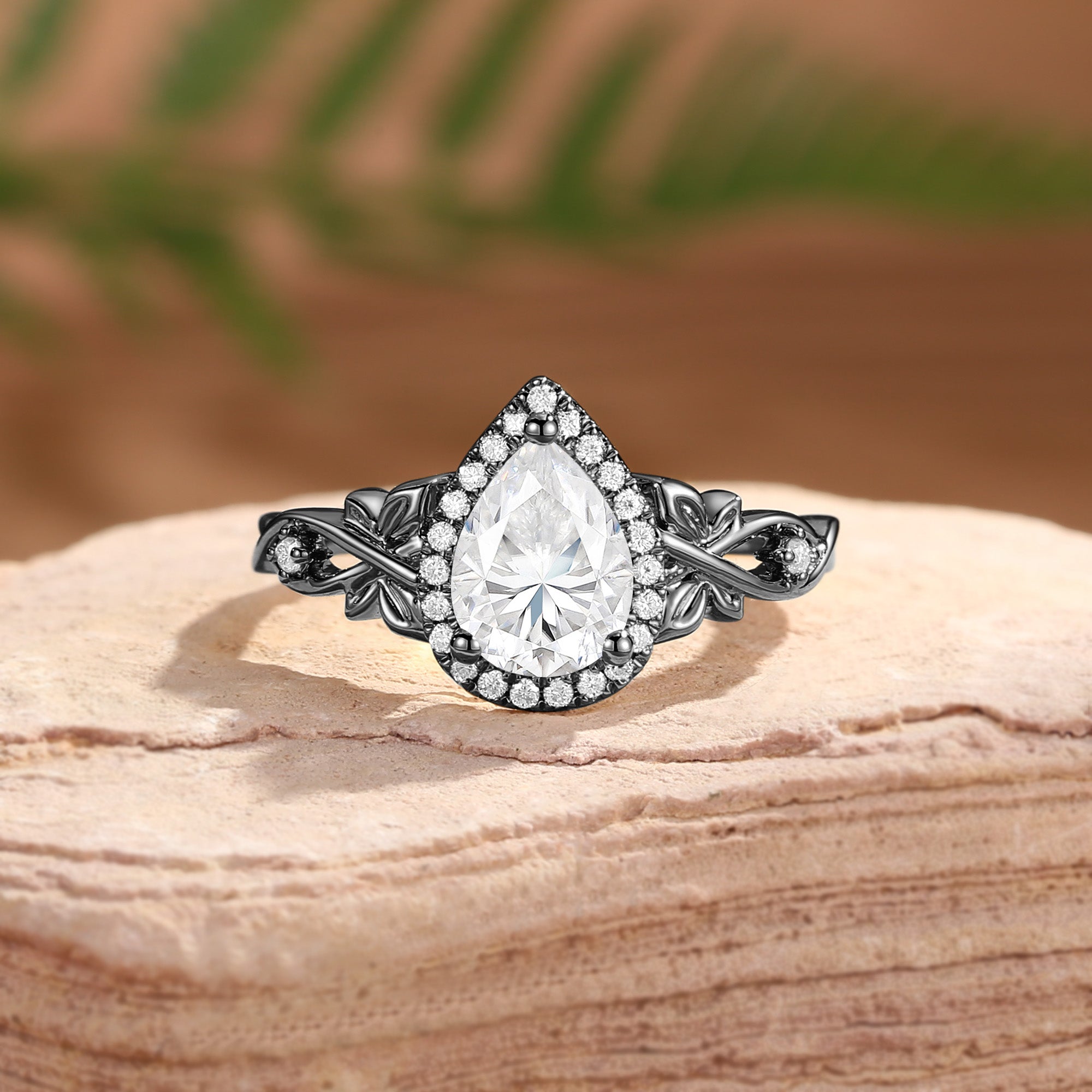 Albertine - Halo Vintage Pear Cut Moissanite Butterfly Nature Inspired  Engagement Ring