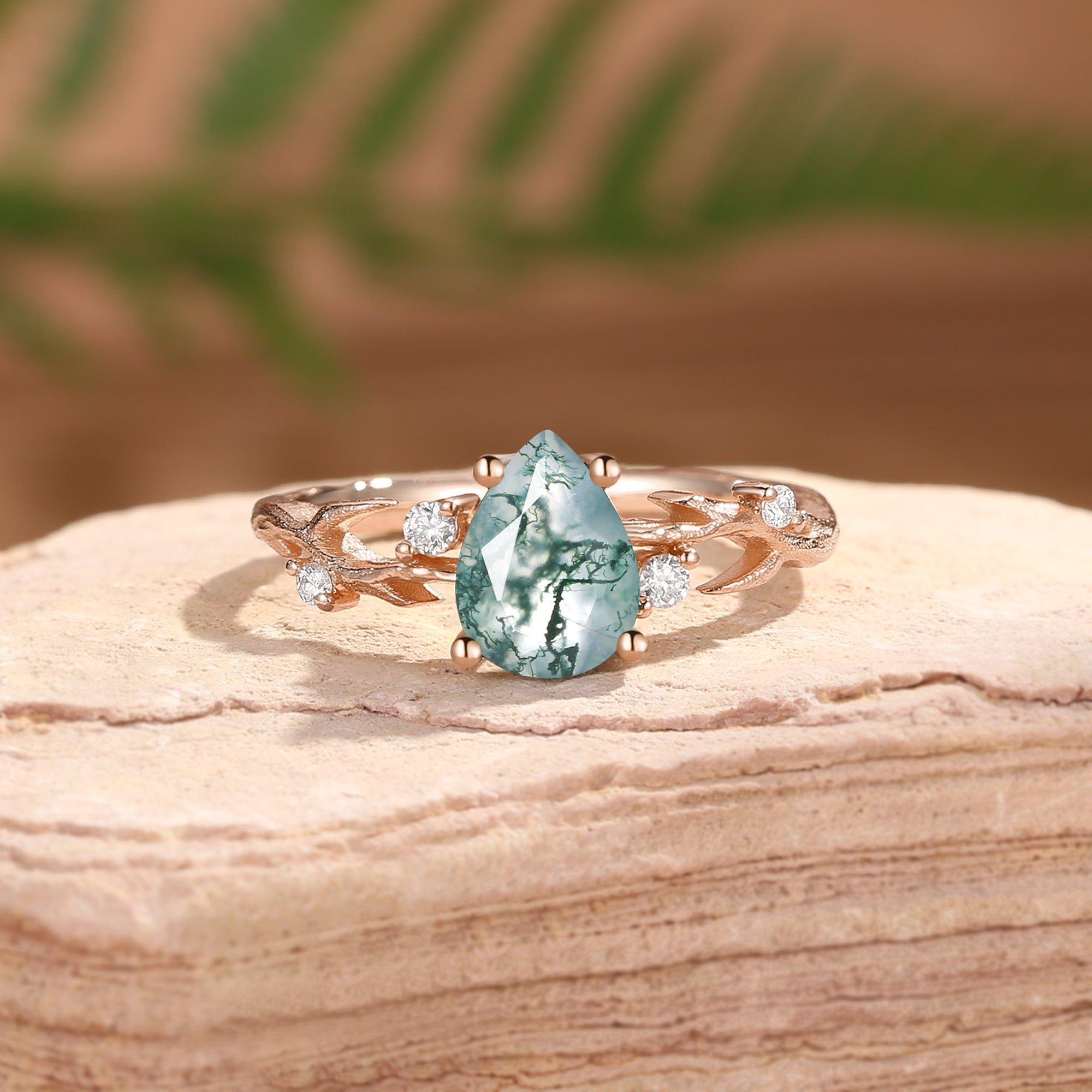 Camellia - Pear Cut Moss Agate Branch Leafy Engagement Ring