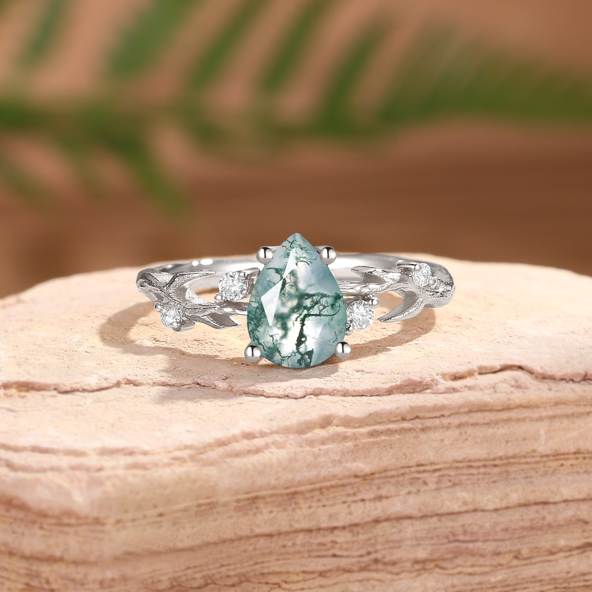 Camellia - Pear Cut Moss Agate Branch Leafy Engagement Ring
