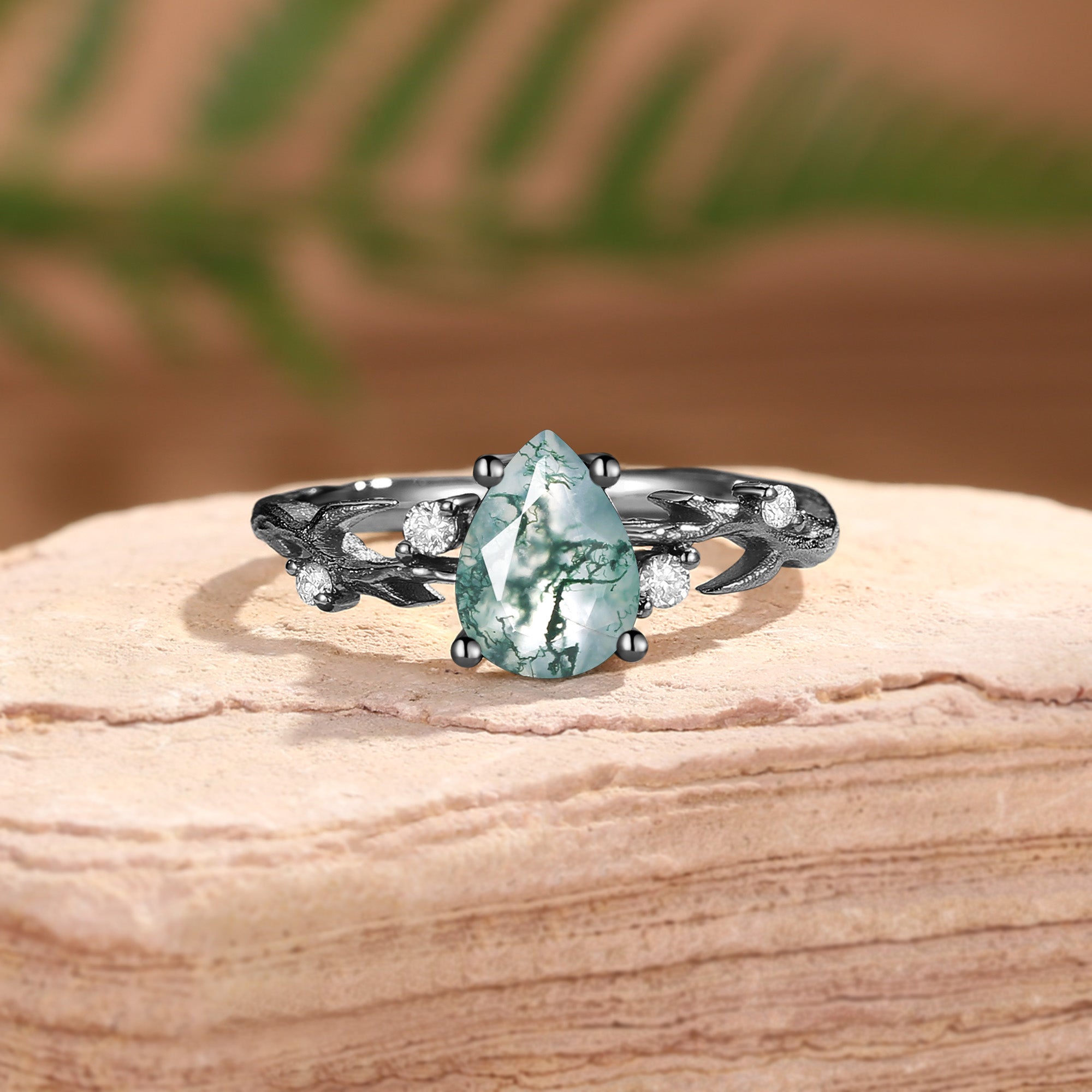 Camellia - Pear Cut Moss Agate Branch Leafy Engagement Ring