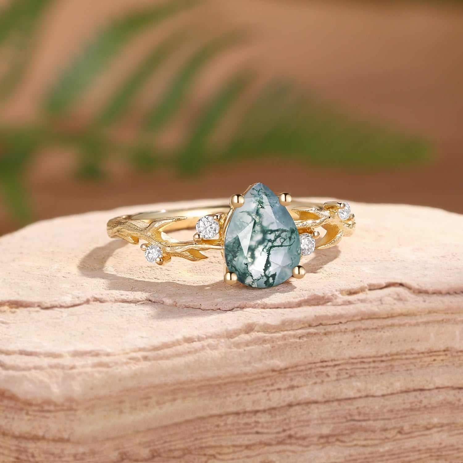Camellia - Pear Cut Moss Agate Branch Leafy Engagement Ring