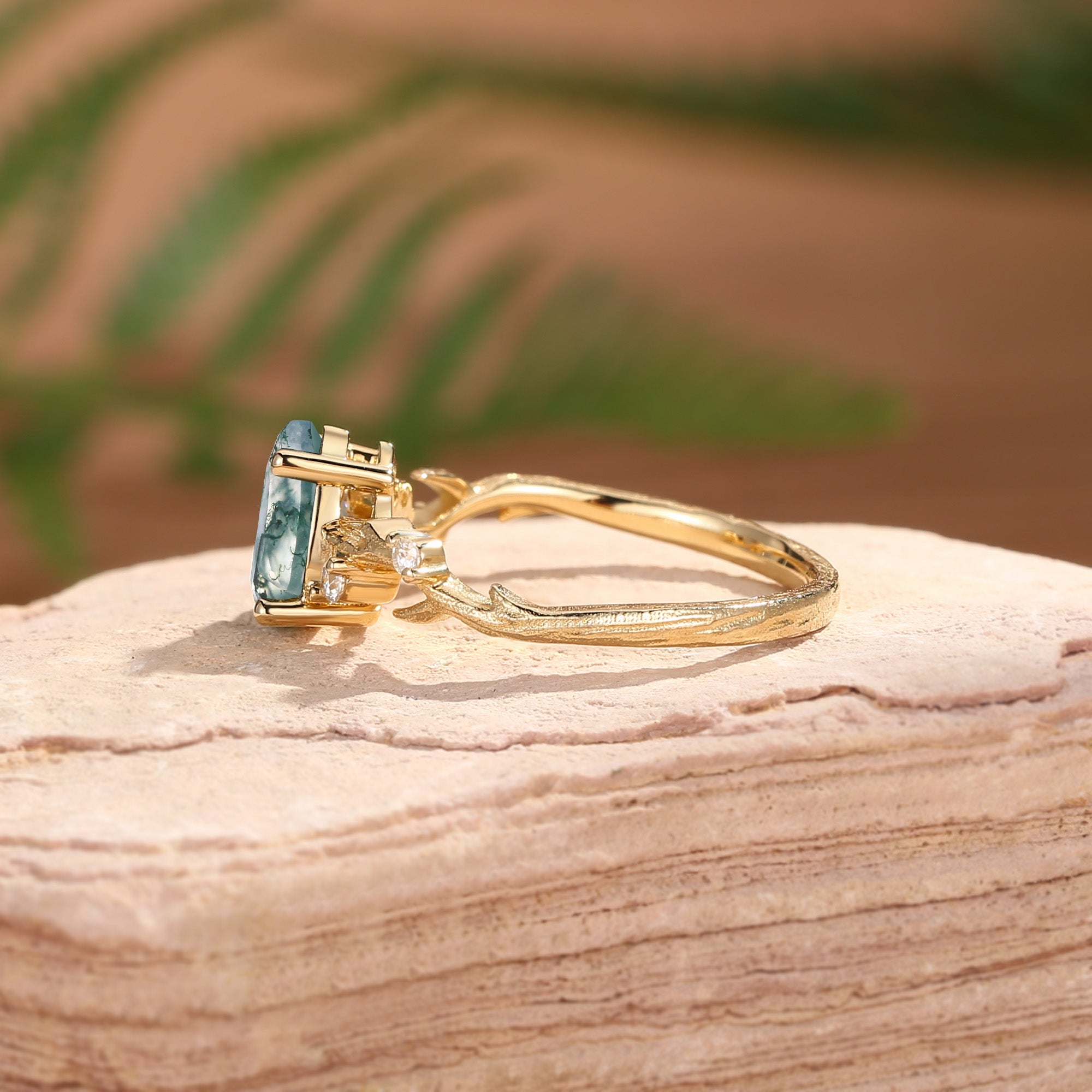 Camellia - Pear Cut Moss Agate Branch Leafy Engagement Ring