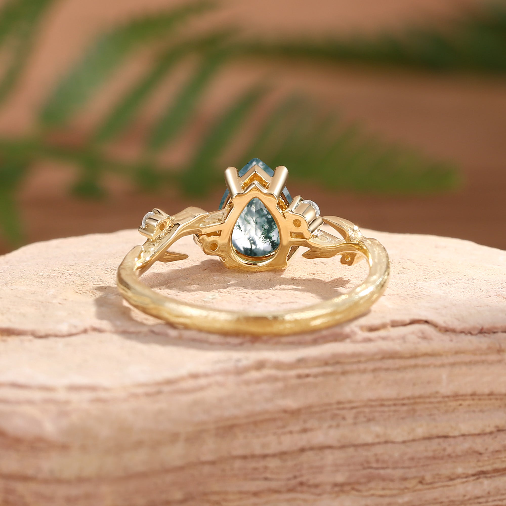 Camellia - Pear Cut Moss Agate Branch Leafy Engagement Ring