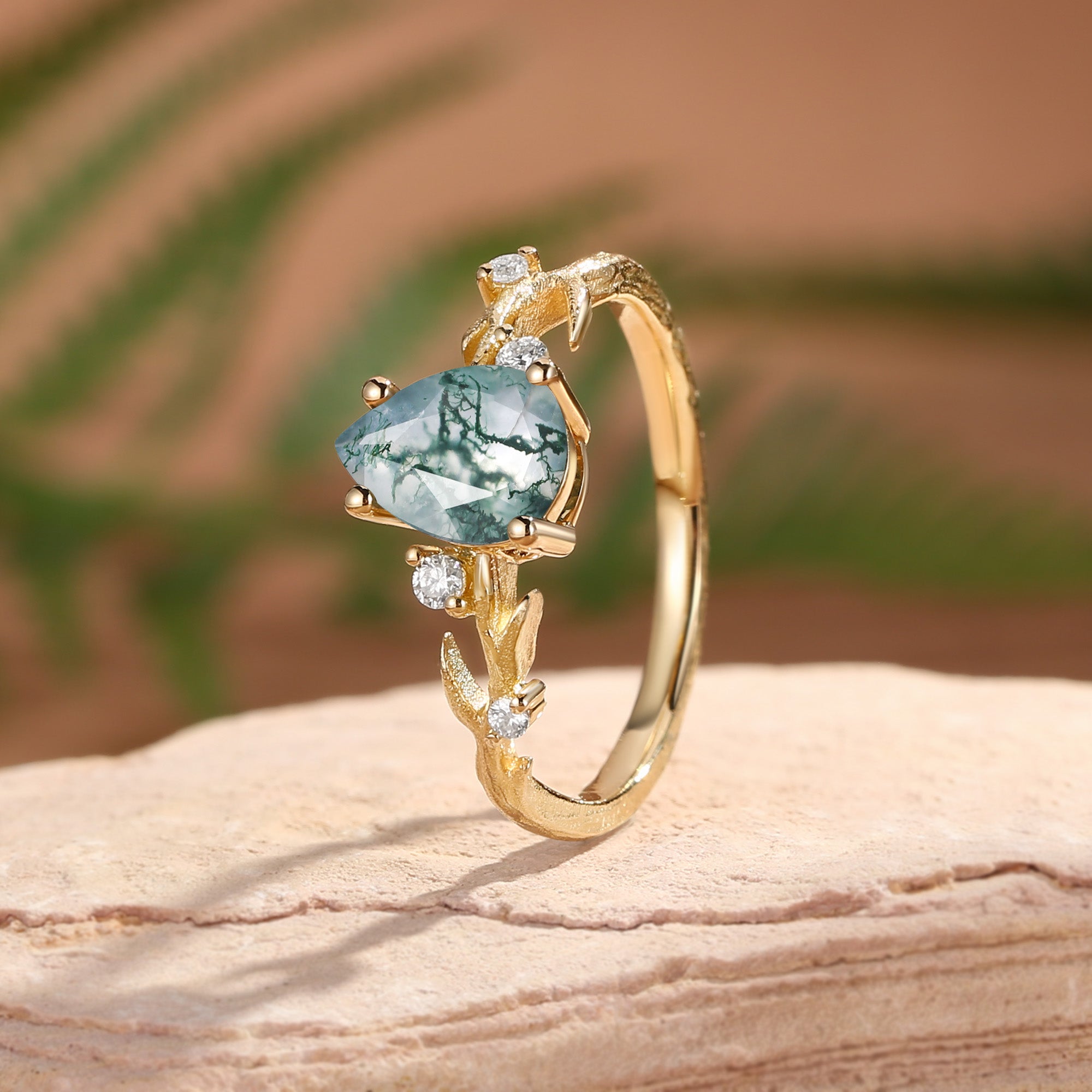 Camellia - Pear Cut Moss Agate Branch Leafy Engagement Ring
