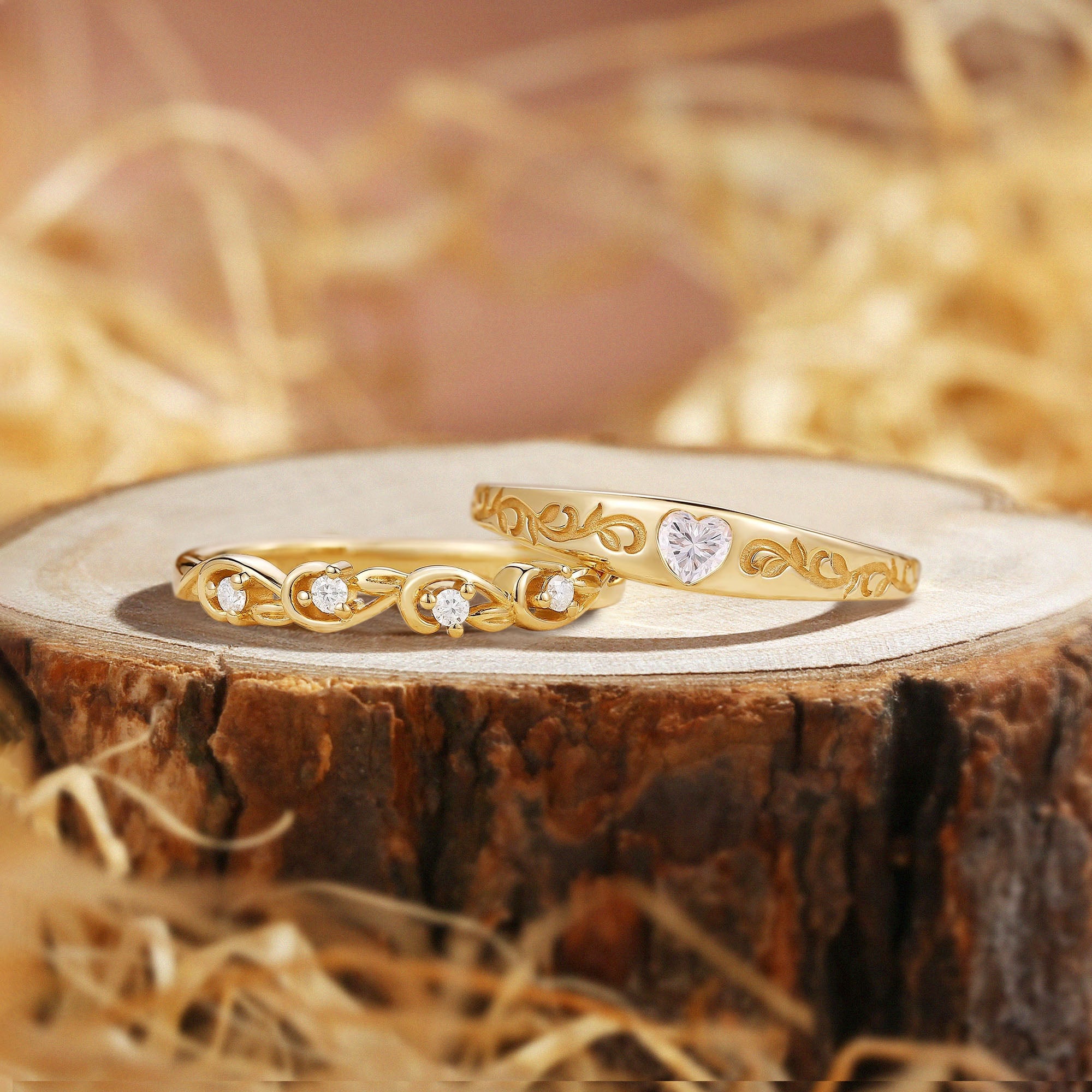 Couple Rings - Unique Heart Cut Moissanite Wedding Band Rings Set