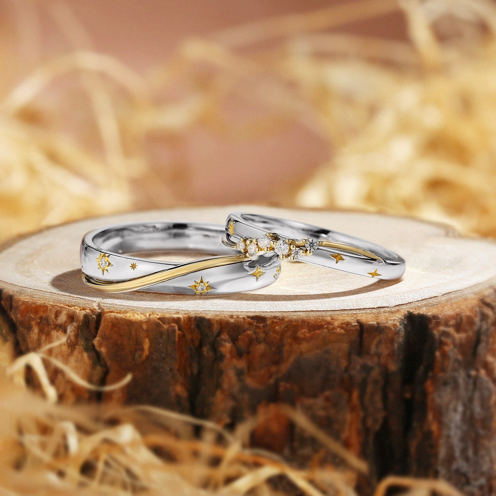 Diora - Two Tone Moissanite Couple Rings Star Wedding Band Set