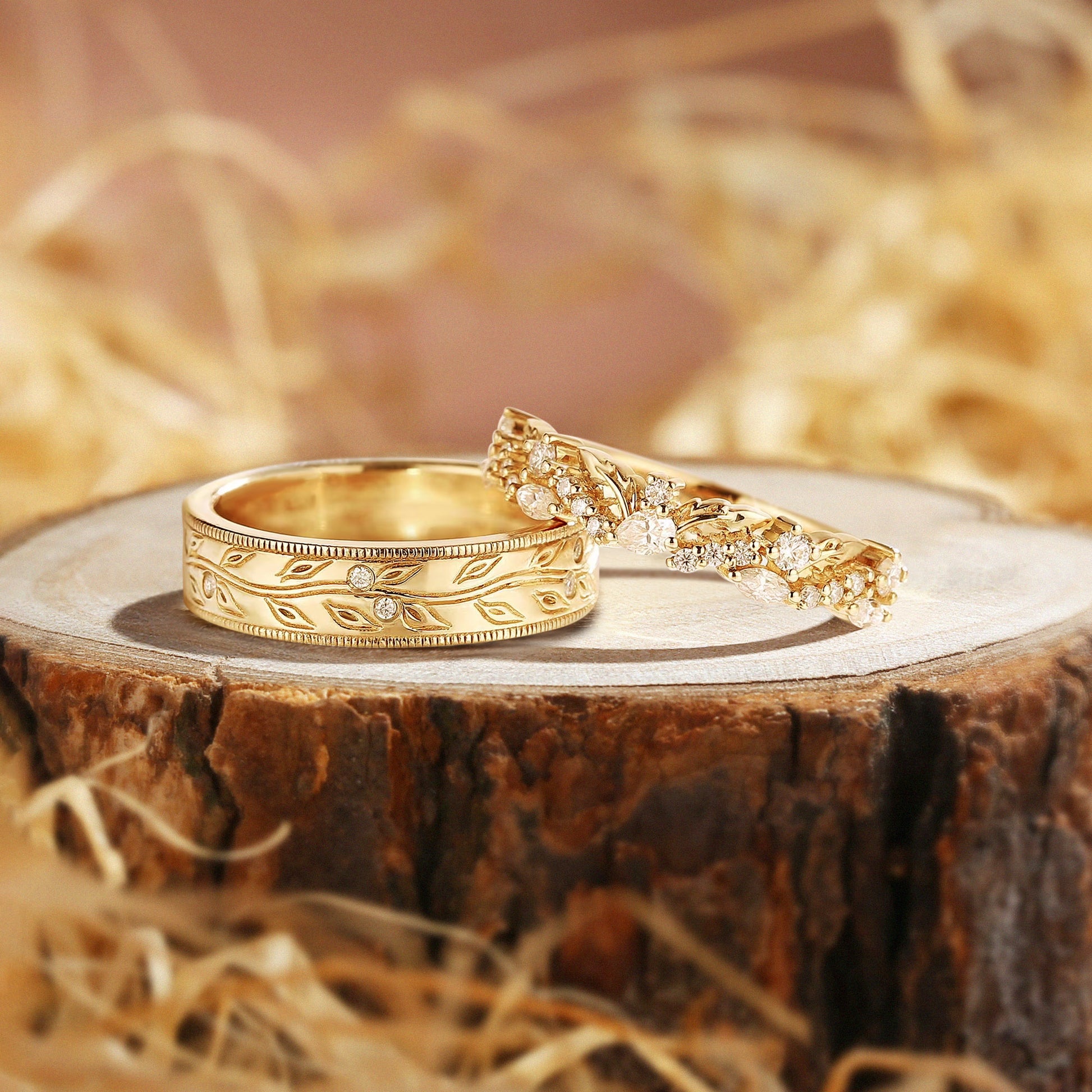 Questa - Art Deco Leaf Rings Moissanite Wedding Band Set