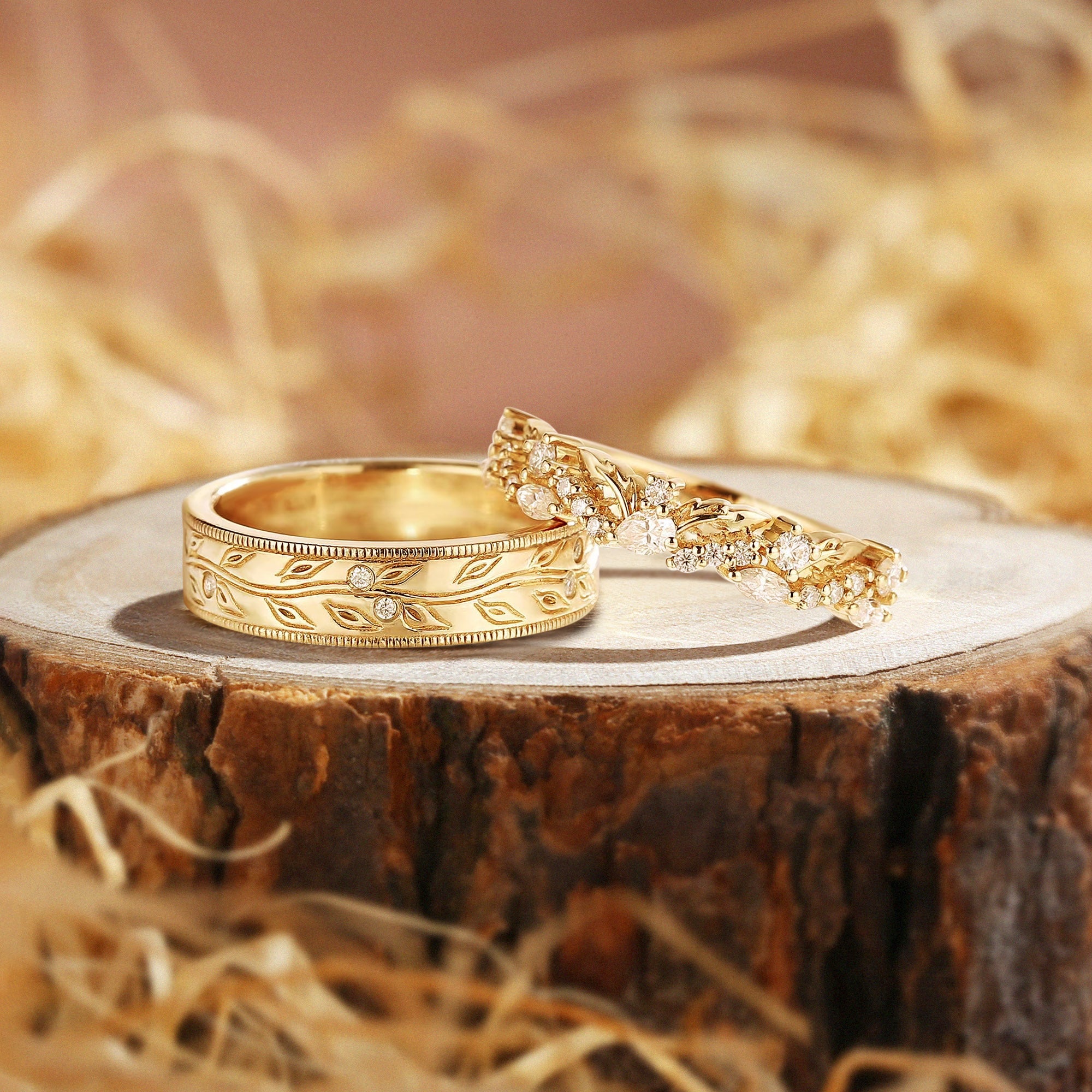 Questa - Art Deco Leaf Rings Moissanite Wedding Band Set