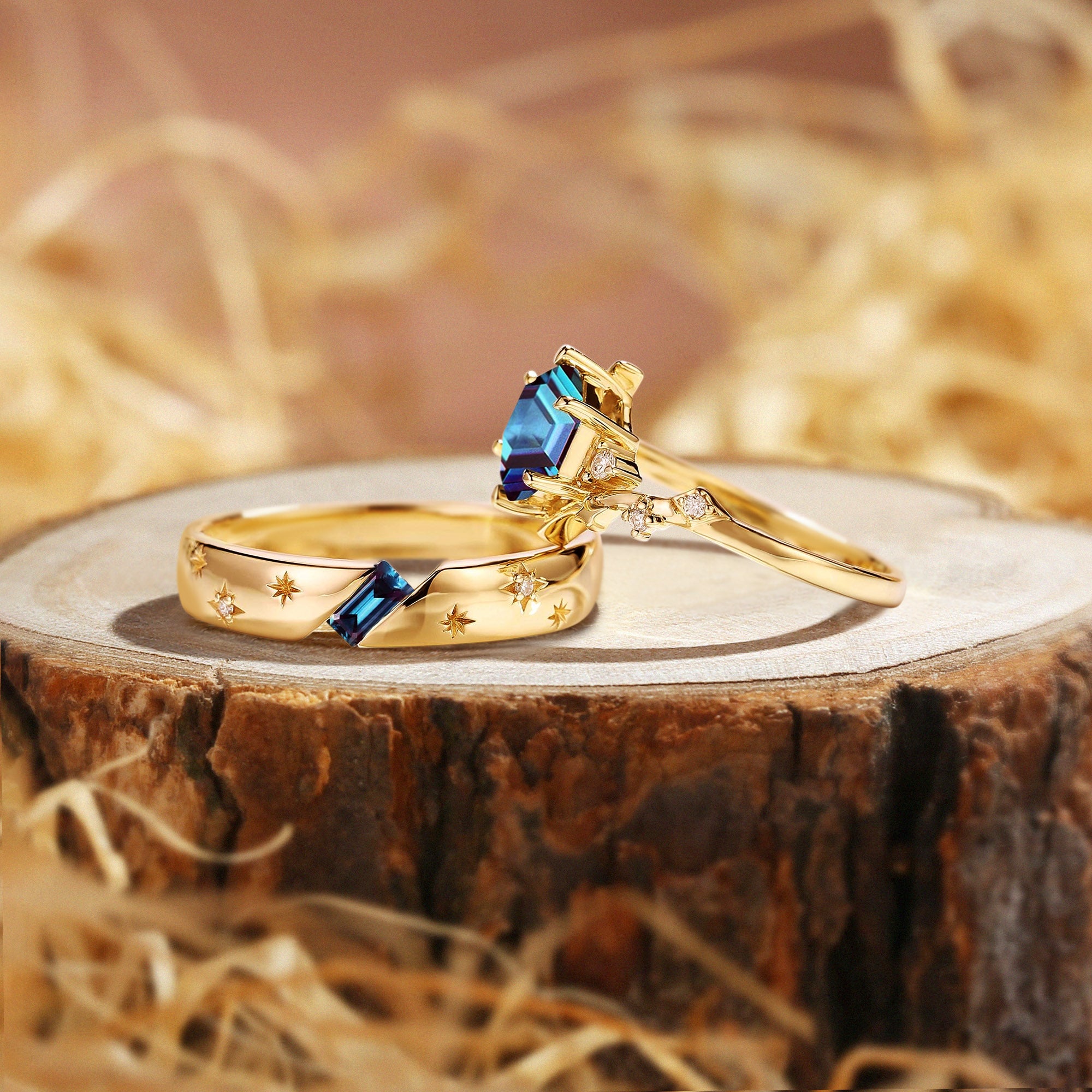 Wynn - Art Deco Hexagon Alexandrite & Moissanite Couple Rings Set Yellow Gold