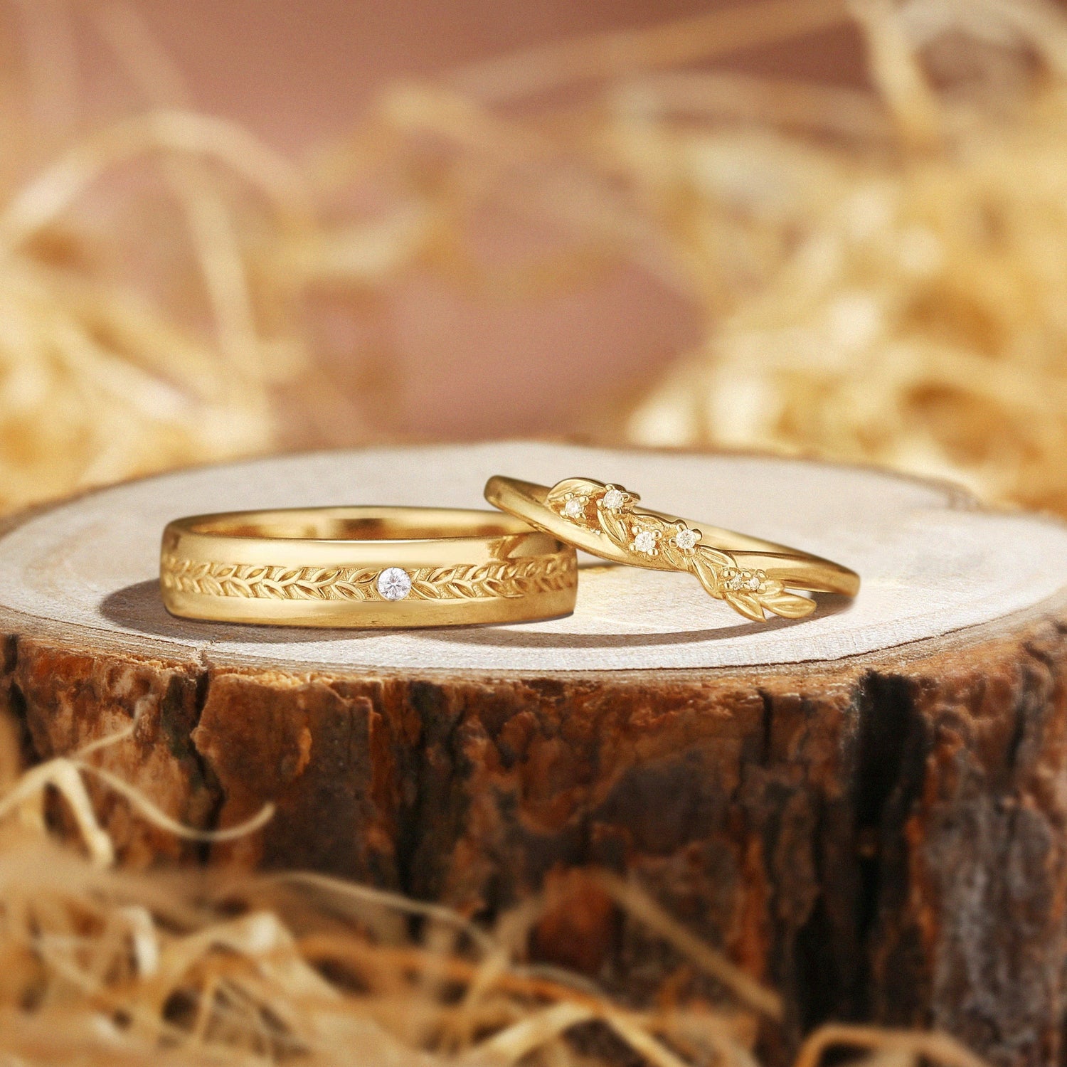 Couple Ring - Leaf Moissanite Bands For Men & Women Yellow Gold 2pcs