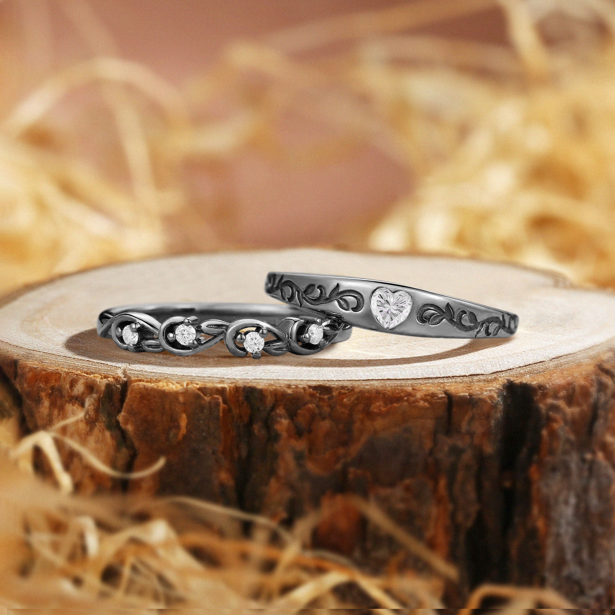 Couple Rings - Unique Heart Cut Moissanite Wedding Band Rings Set