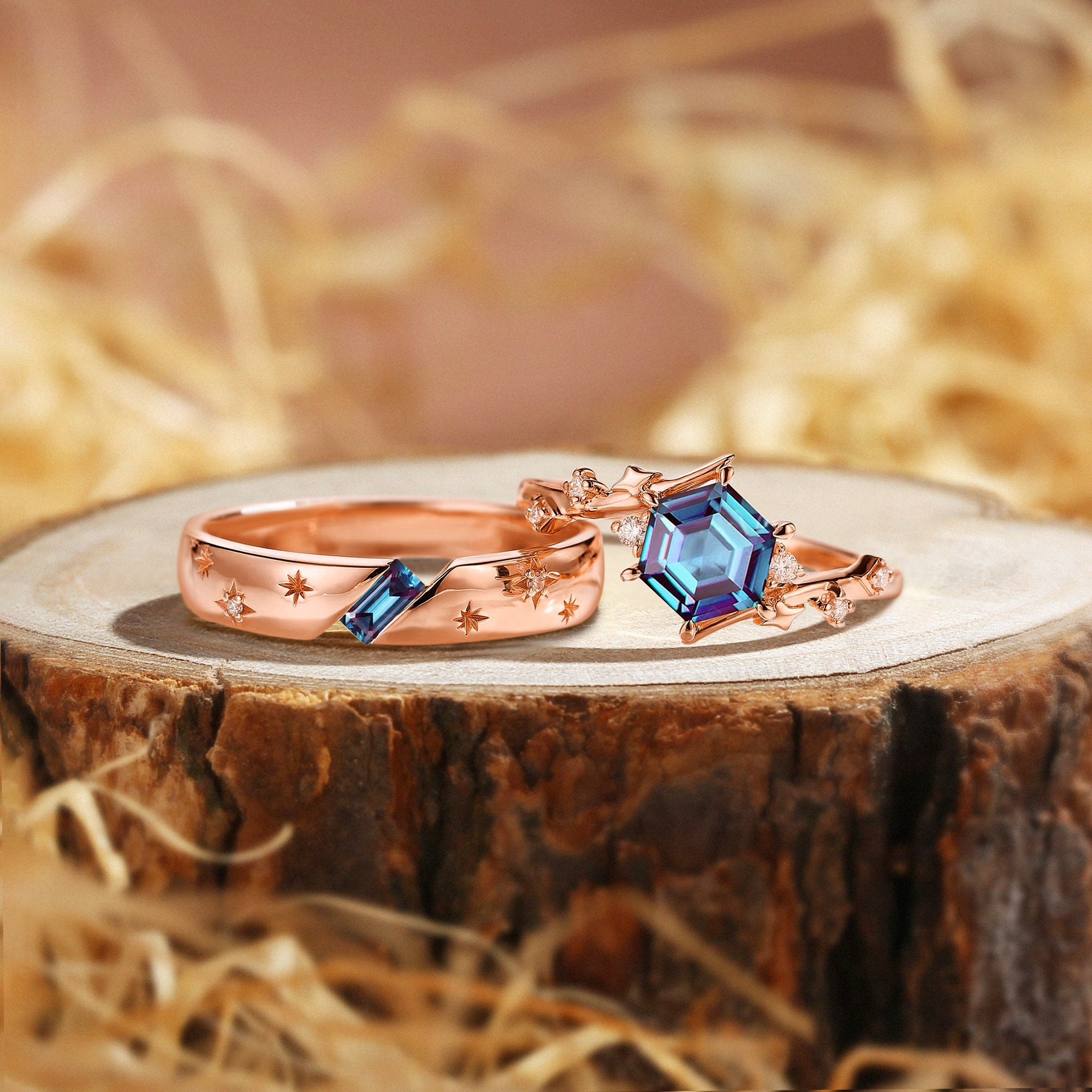 Wynn - Art Deco Hexagon Alexandrite & Moissanite Couple Rings Set Yellow Gold