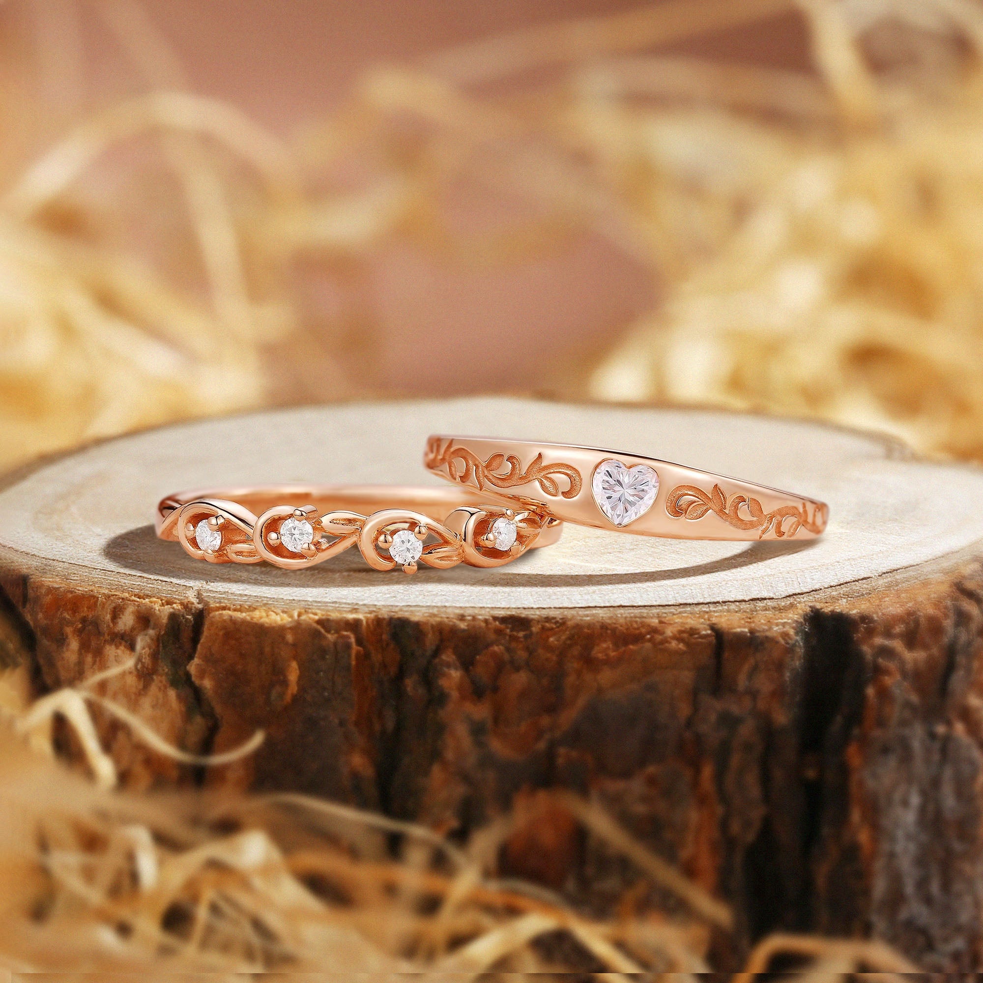 Couple Rings - Unique Heart Cut Moissanite Wedding Band Rings Set