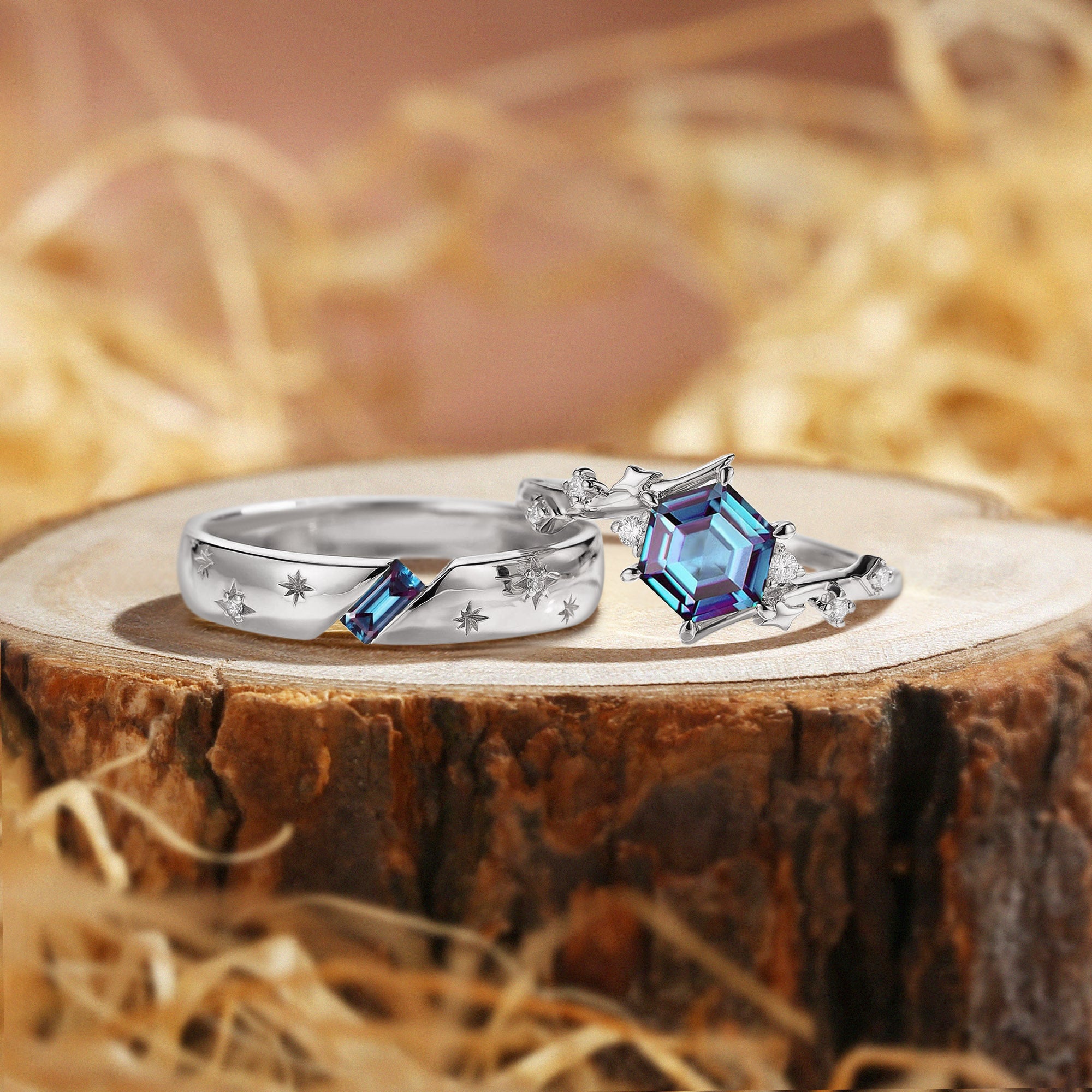 Wynn - Art Deco Hexagon Alexandrite & Moissanite Couple Rings Set Yellow Gold