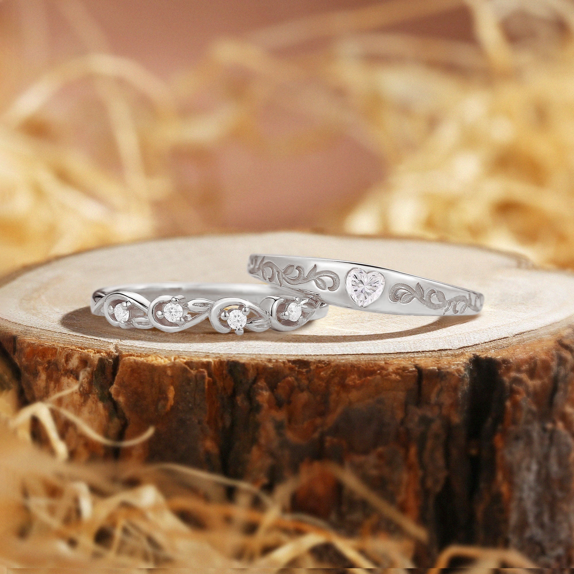 Couple Rings - Unique Heart Cut Moissanite Wedding Band Rings Set