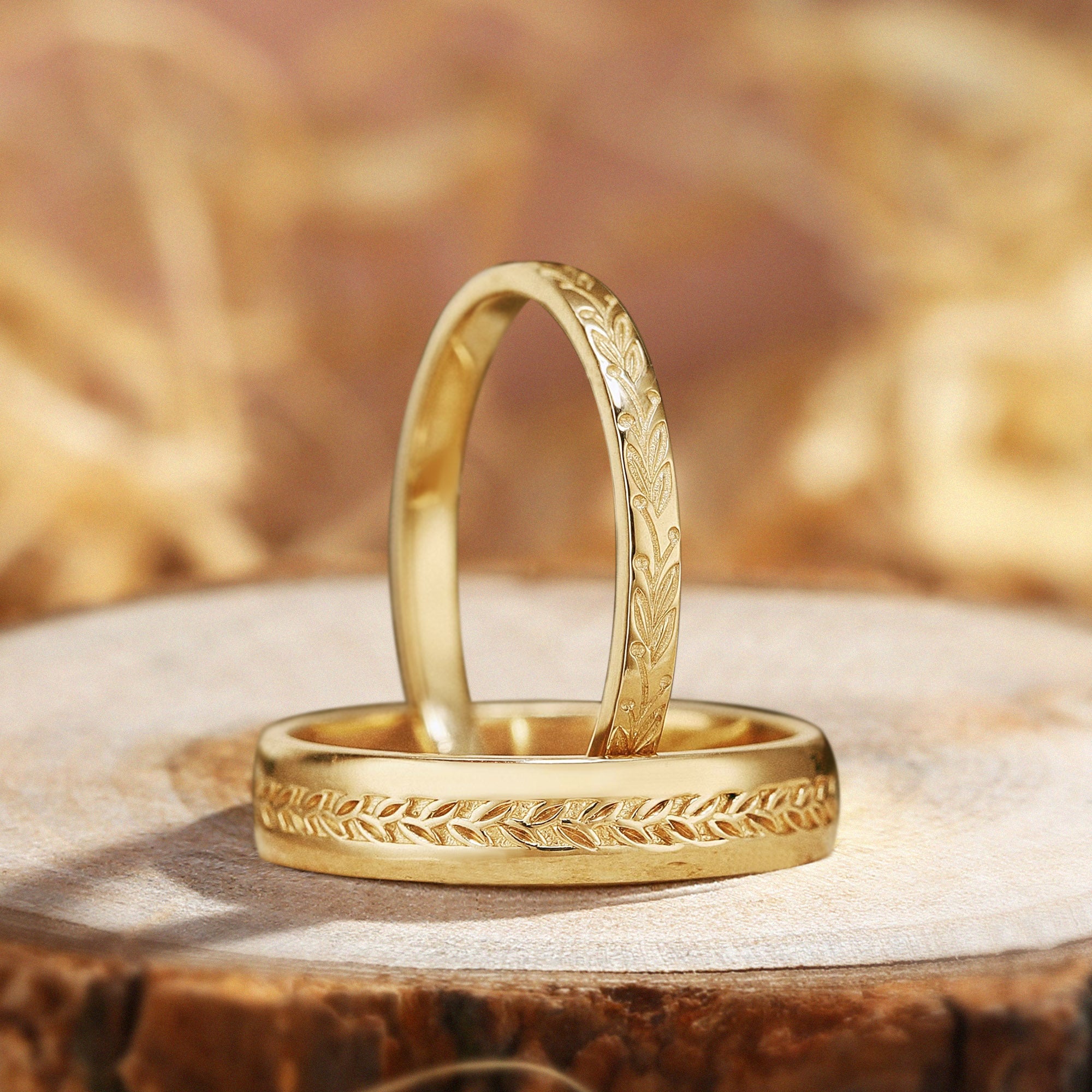 Lisette - Laurel Leaf Carving Couple Rings His & Hers Bands