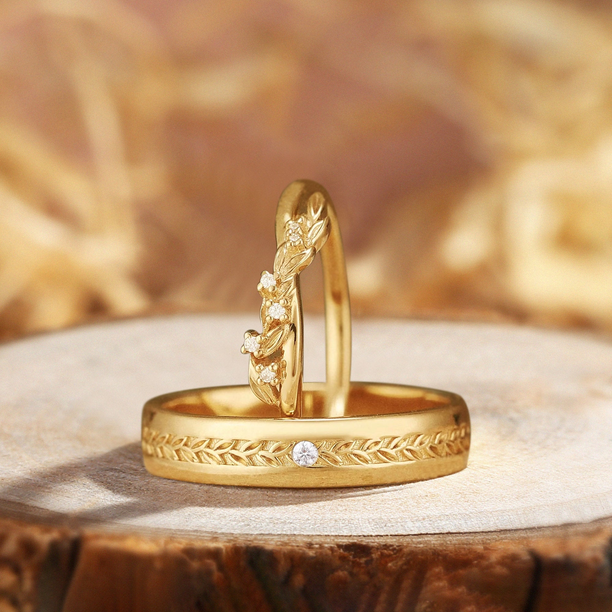 Couple Ring - Leaf Moissanite Bands For Men & Women Yellow Gold 2pcs