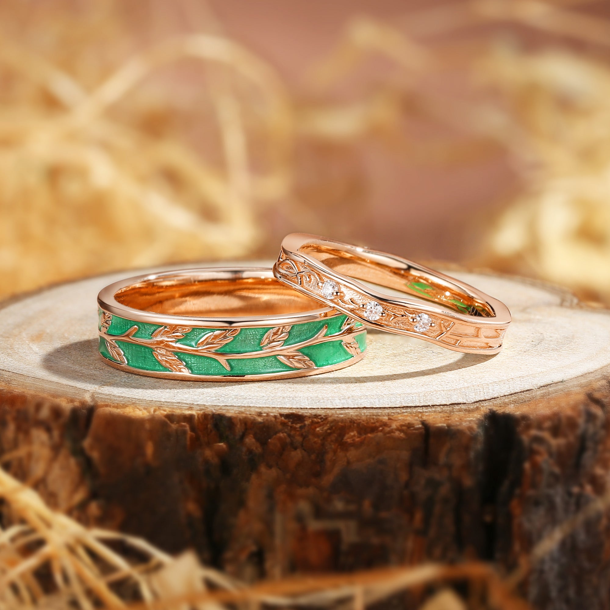 Couple Ring - Nature Inspired Green Enamel Promise Ring Set