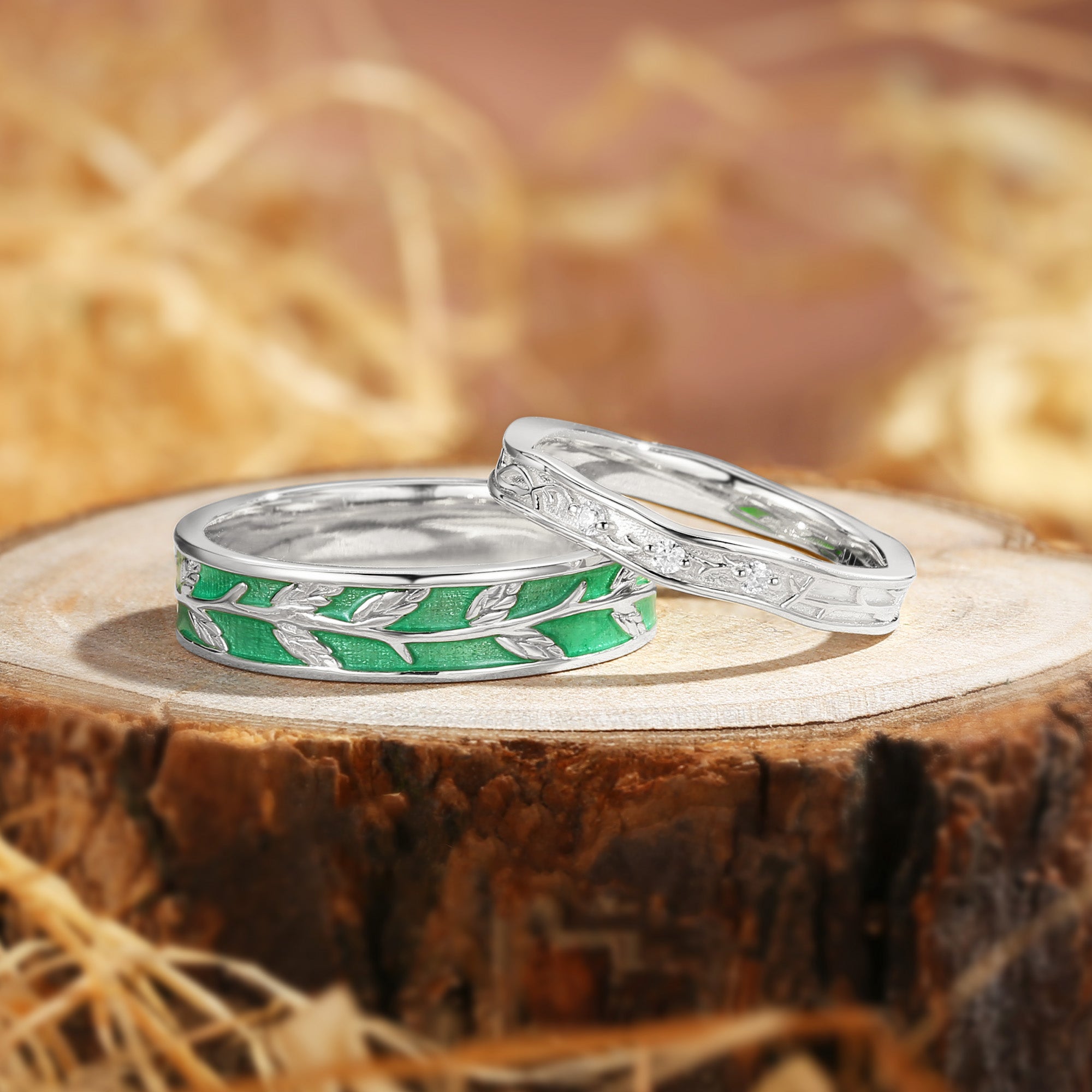 Couple Ring - Nature Inspired Green Enamel Promise Ring Set