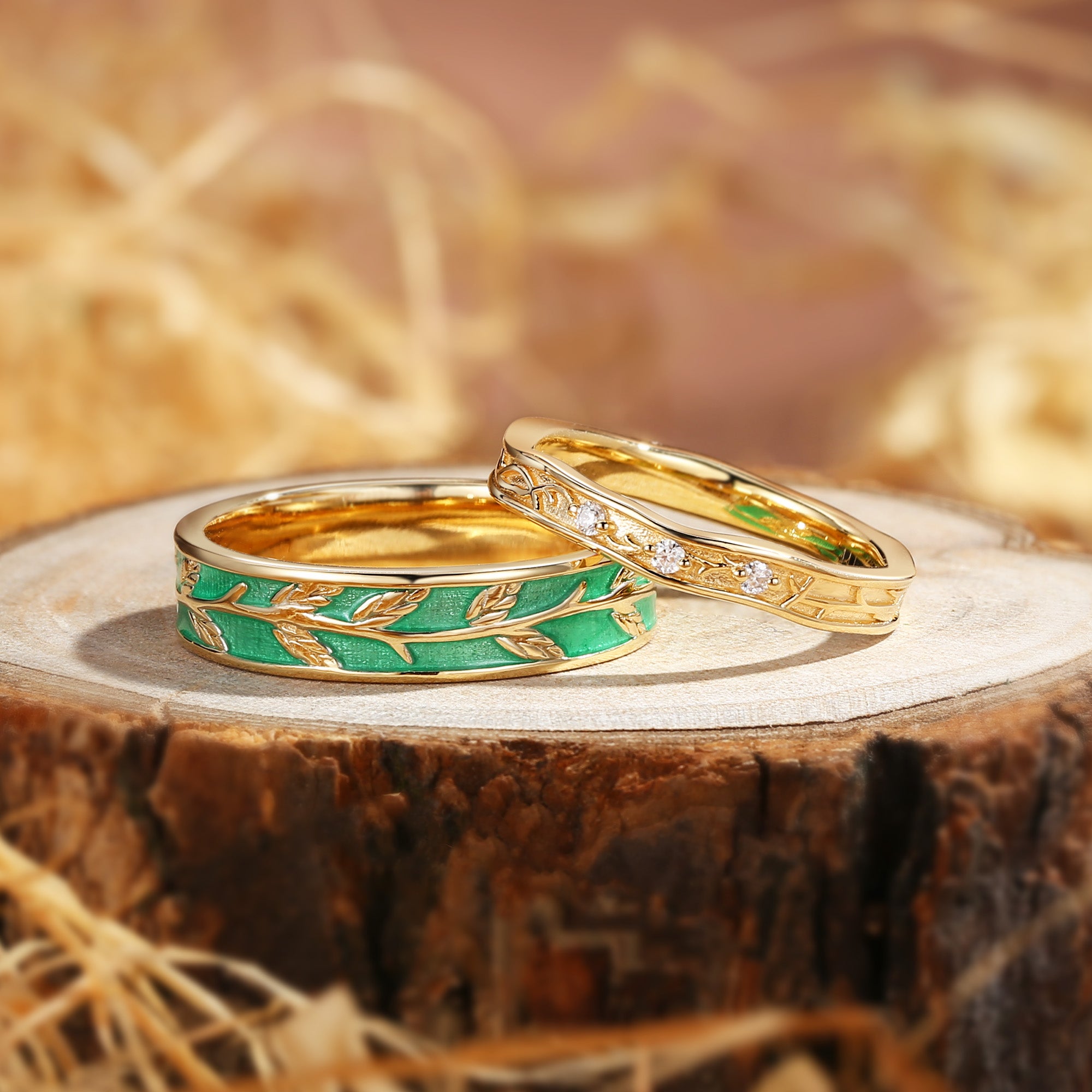 Couple Ring - Nature Inspired Green Enamel Promise Ring Set