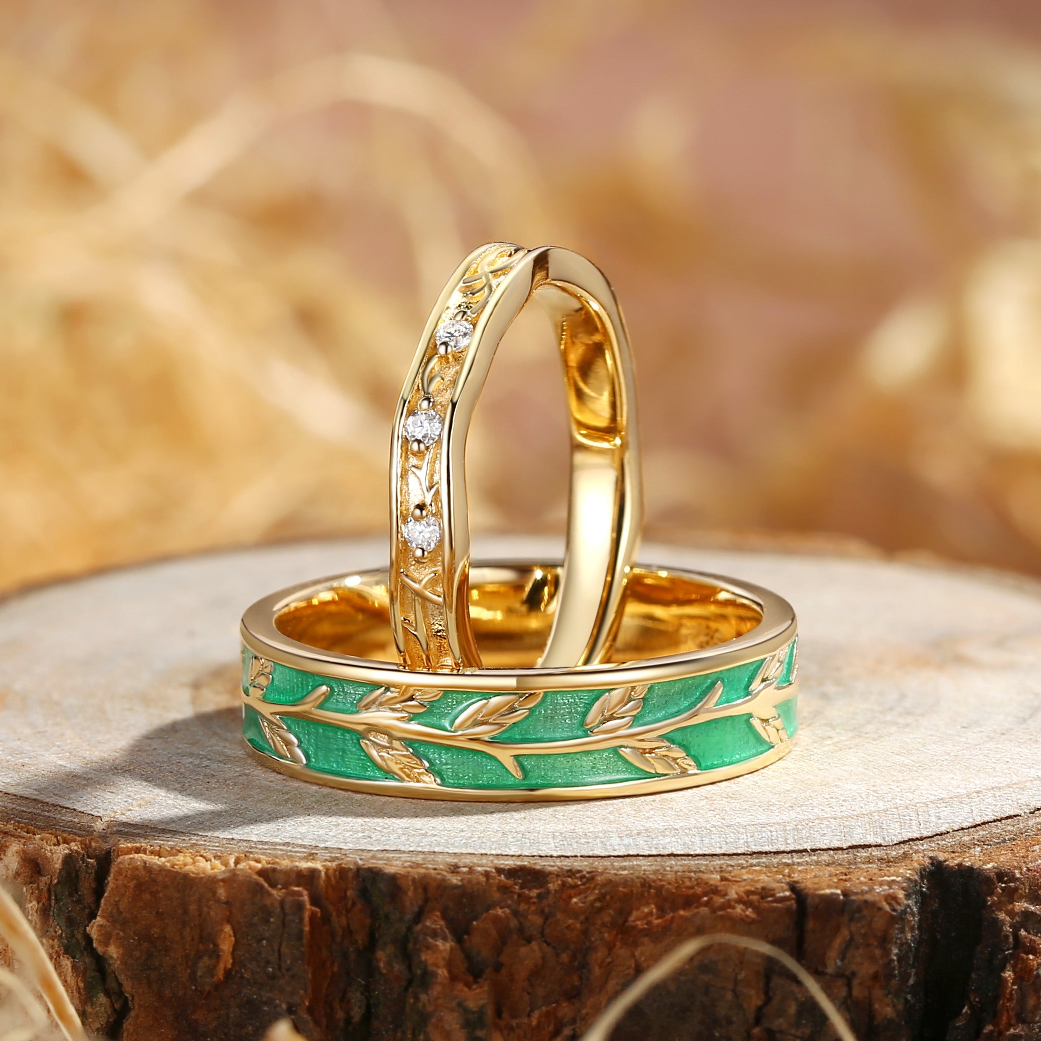 Couple Ring - Nature Inspired Green Enamel Promise Ring Set