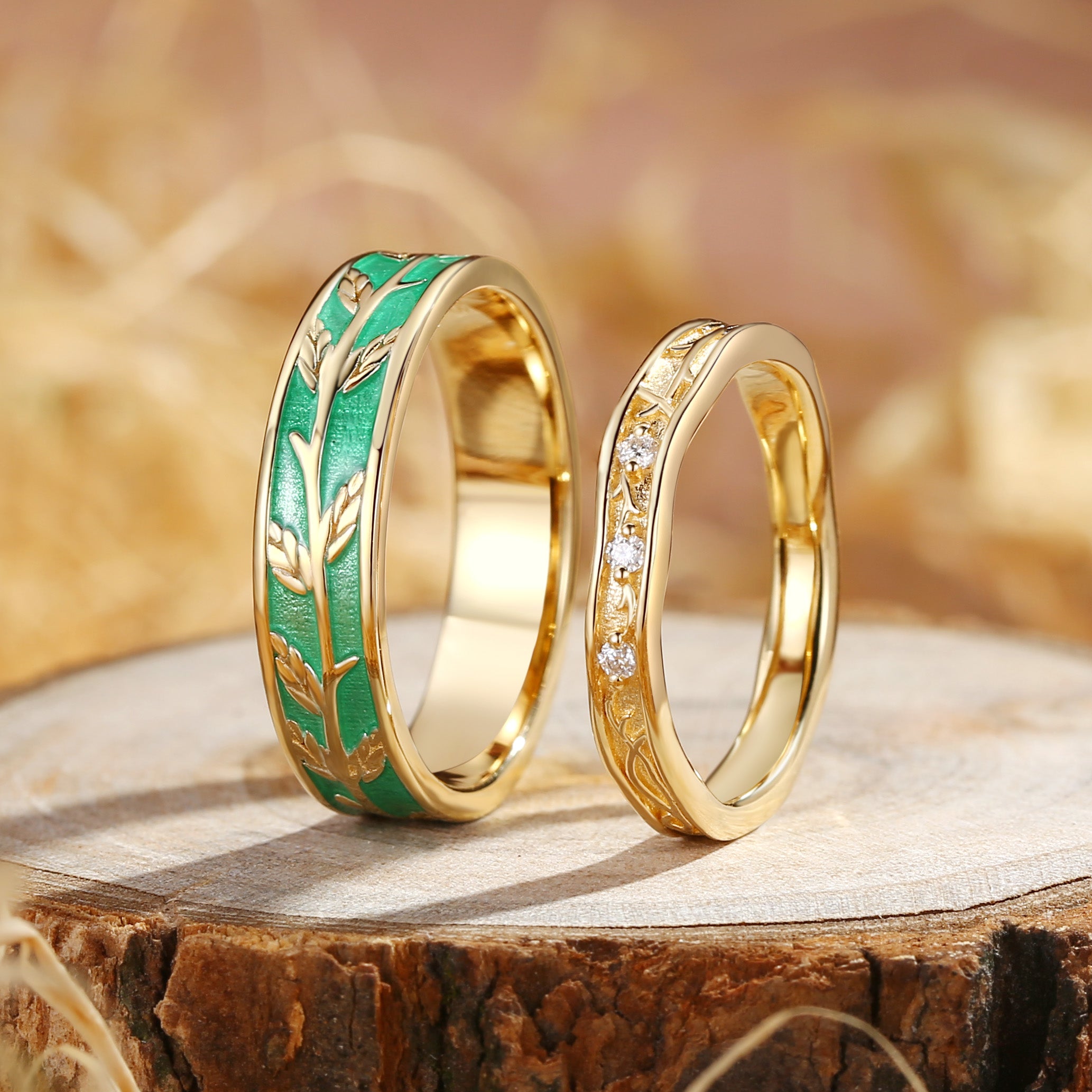 Couple Ring - Nature Inspired Green Enamel Promise Ring Set