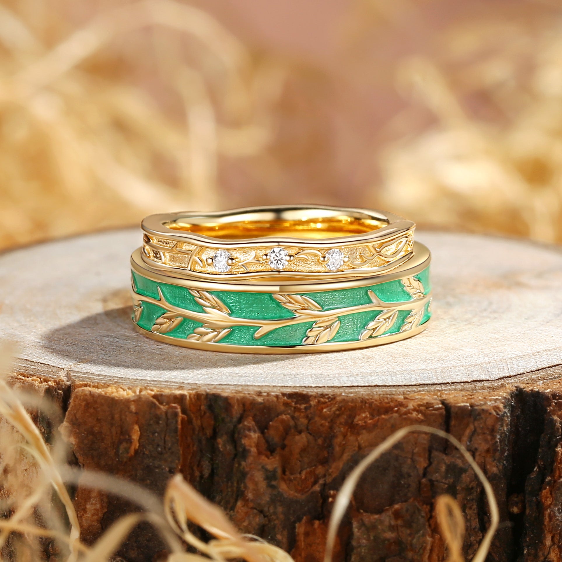 Couple Ring - Nature Inspired Green Enamel Promise Ring Set