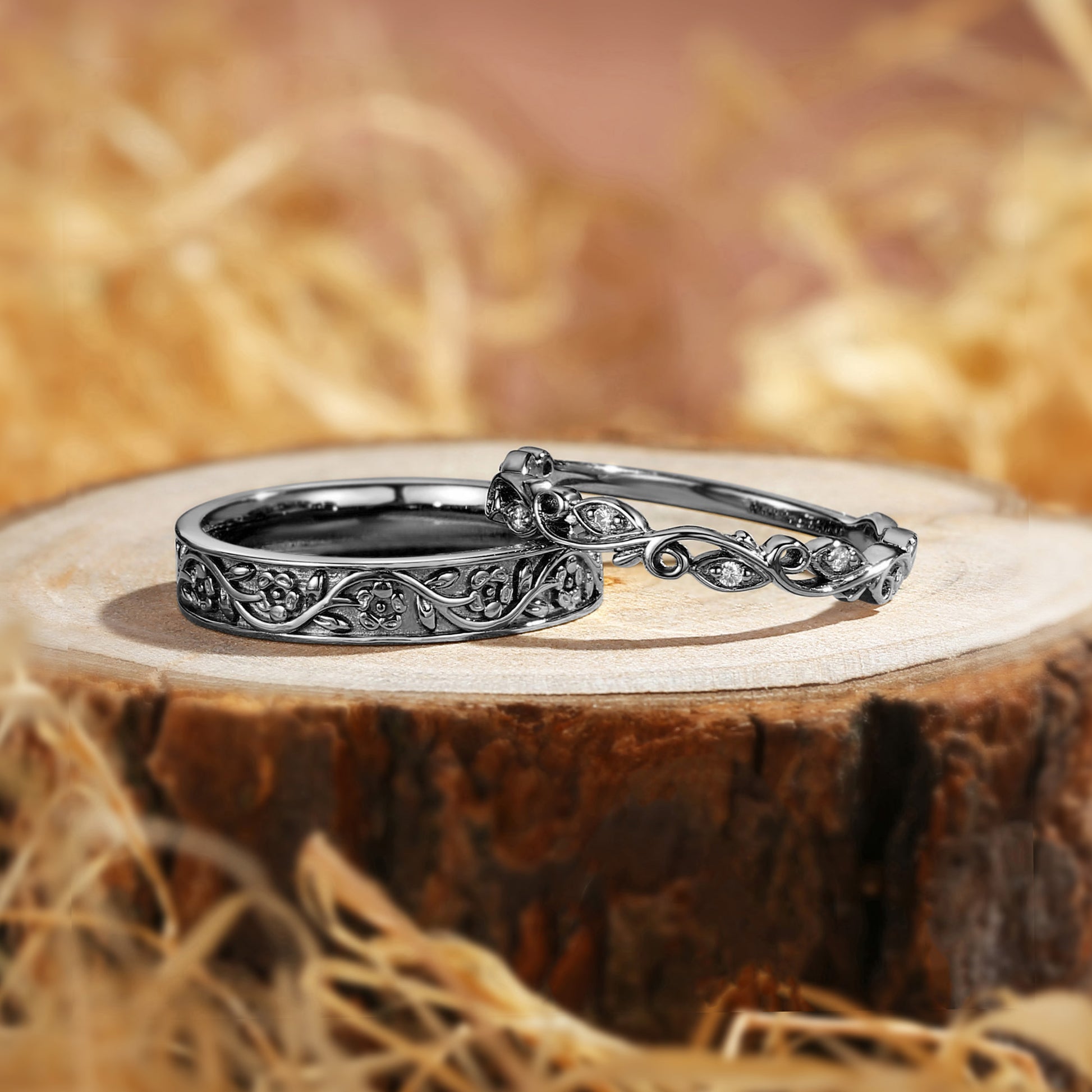 Couple Ring - Black Gold Nature Inspired Promise Ring Set