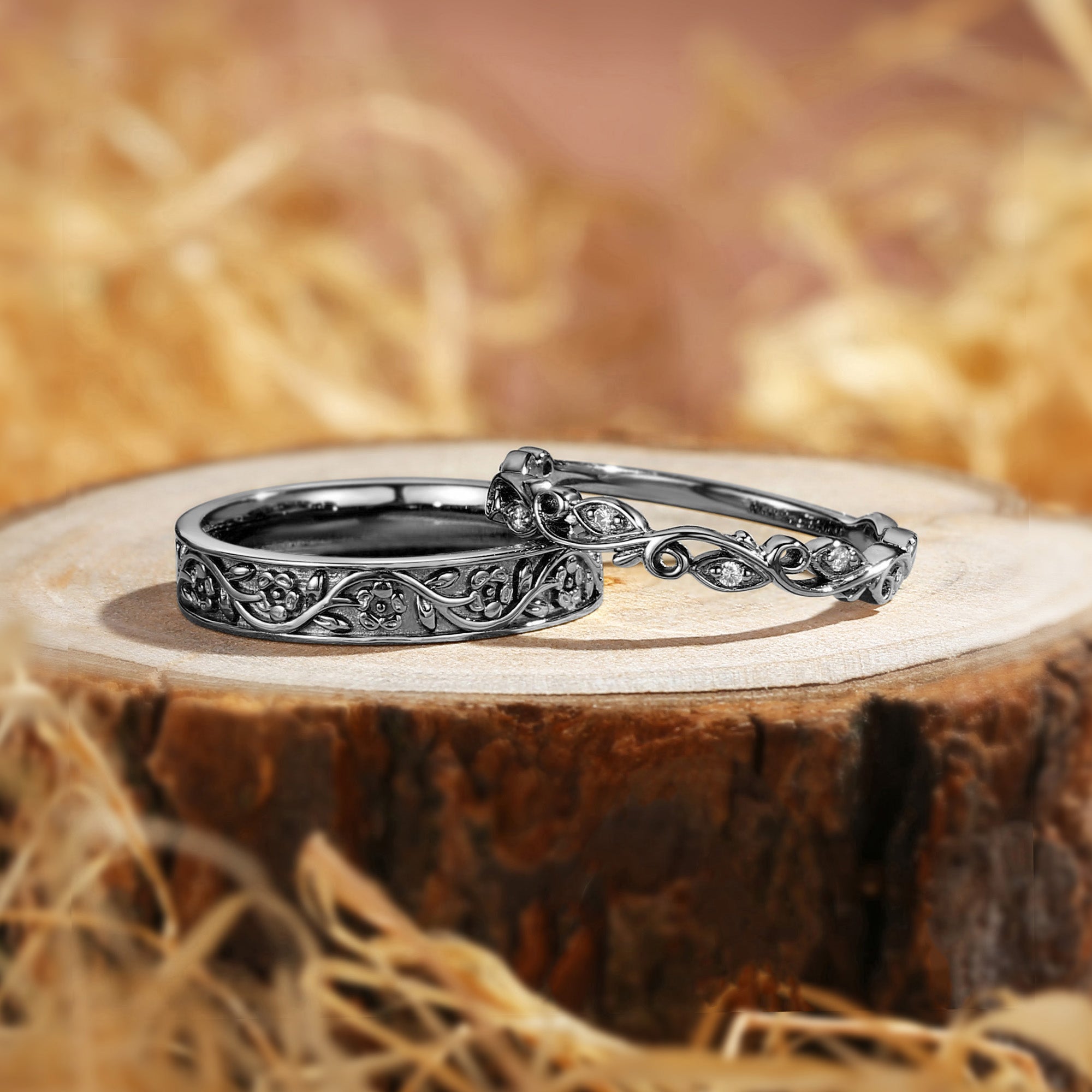 Couple Ring - Black Gold Nature Inspired Promise Ring Set