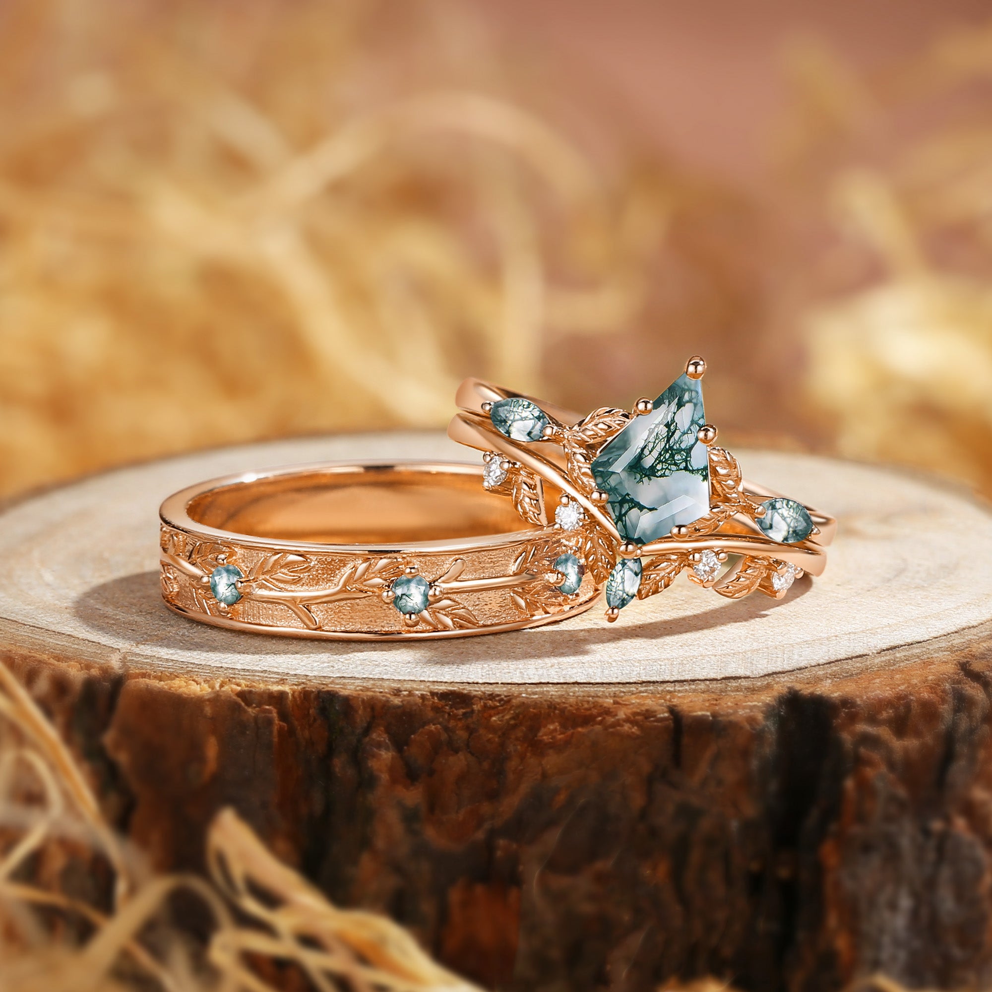 Karina - Kite Cut Moss Agate Leafy Cluster Couple Ring Set