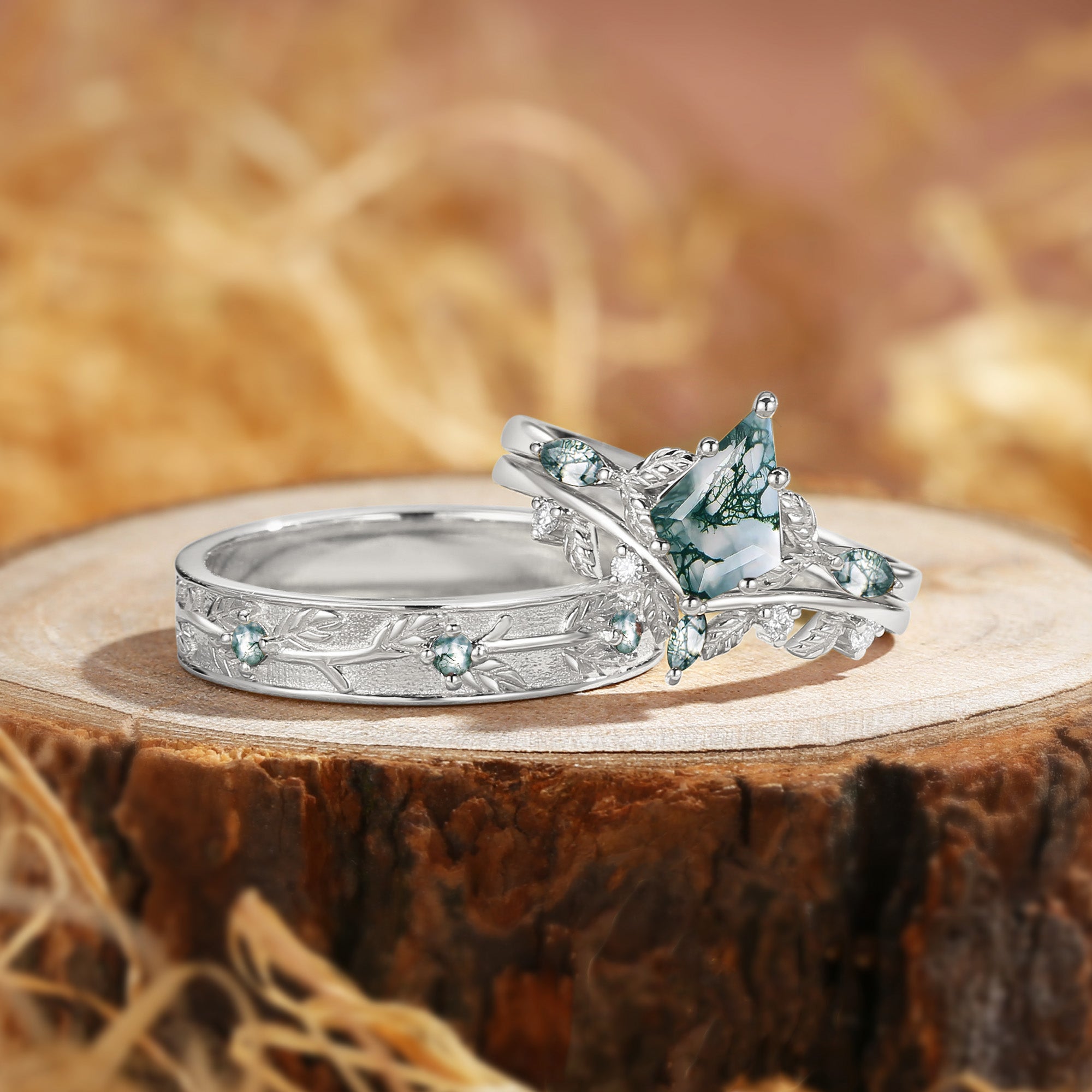 Karina - Kite Cut Moss Agate Leafy Cluster Couple Ring Set