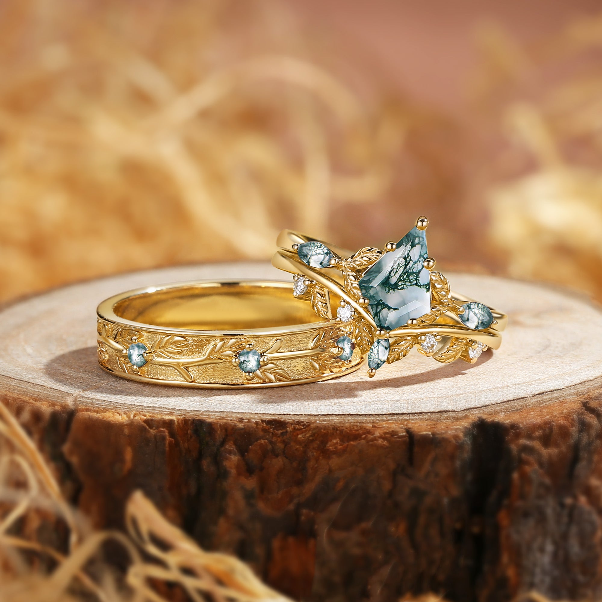 Karina - Kite Cut Moss Agate Leafy Cluster Couple Ring Set