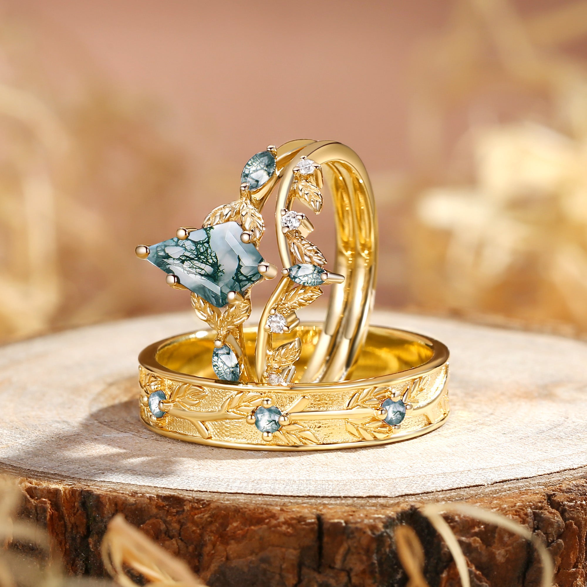 Karina - Kite Cut Moss Agate Leafy Cluster Couple Ring Set